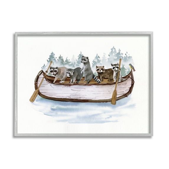 Stupell Industries Raccoons on Rowboat Animals & Insects Painting Gray Framed Art Print Wall Art, 20 x 16
