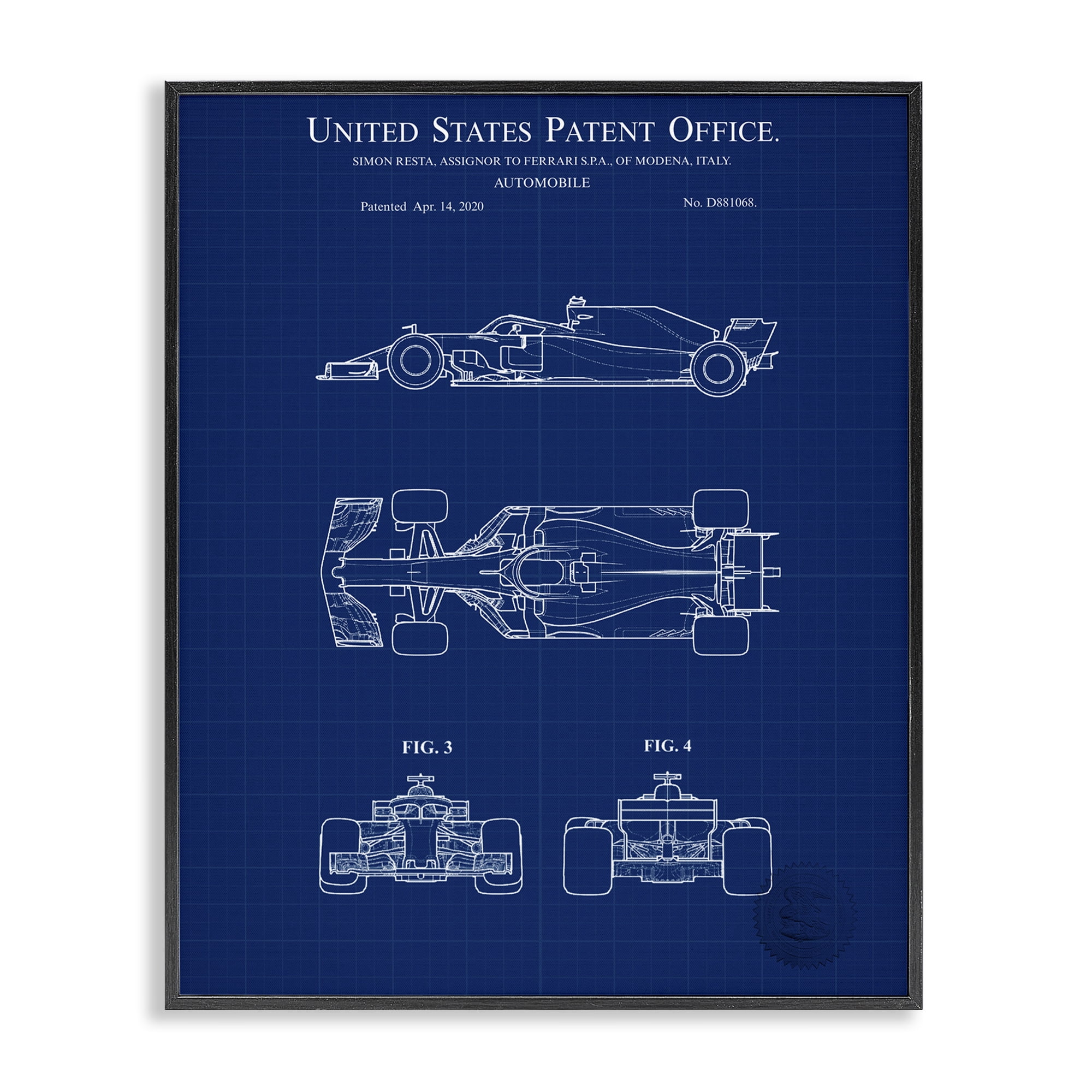 Stupell Industries Race Car Blueprint Transportation Painting Black Framed Art Print Wall Art, 16 x 20