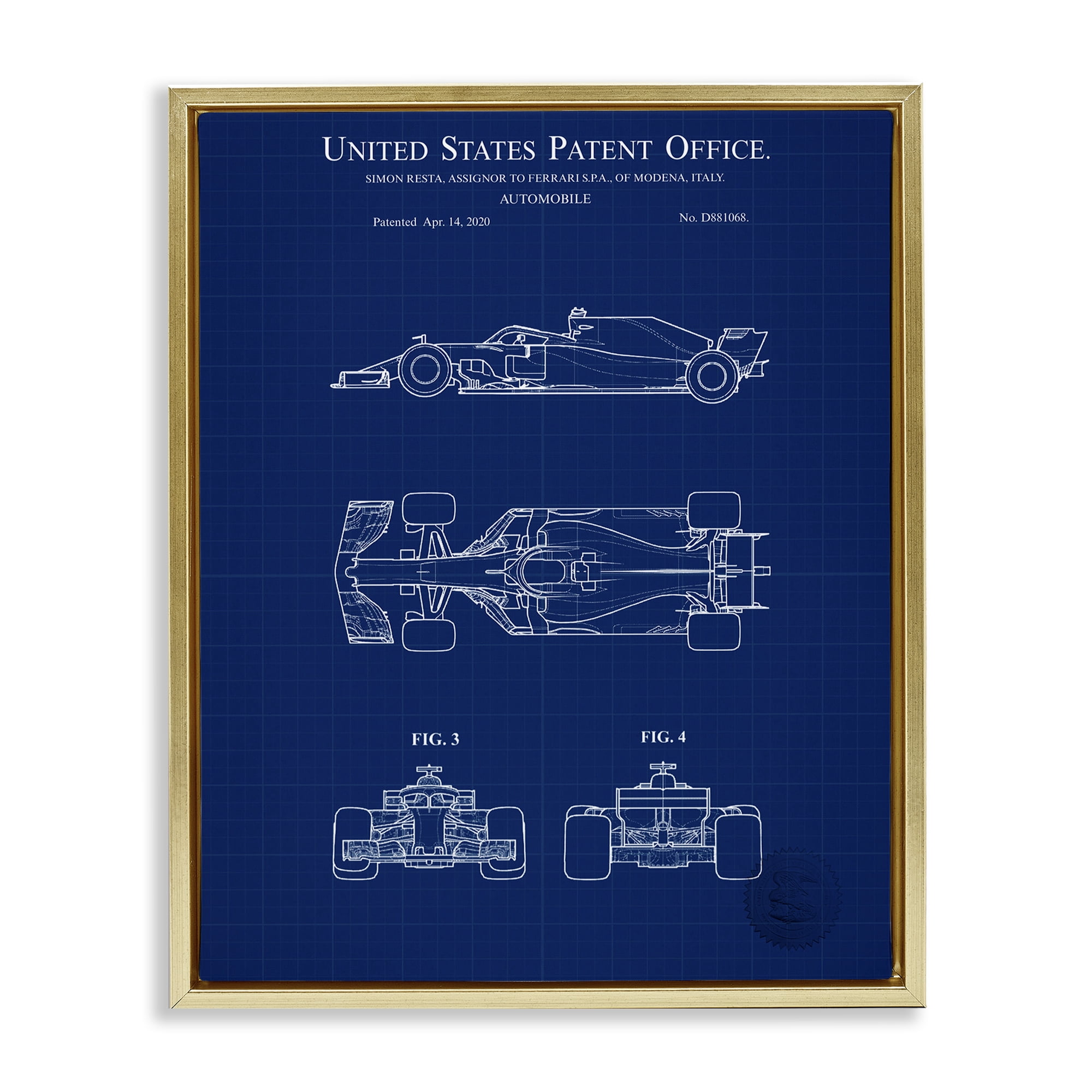 Stupell Industries Race Car Blueprint Transportation Painting Gold Floater Framed Art Print Wall Art, 17 x 21