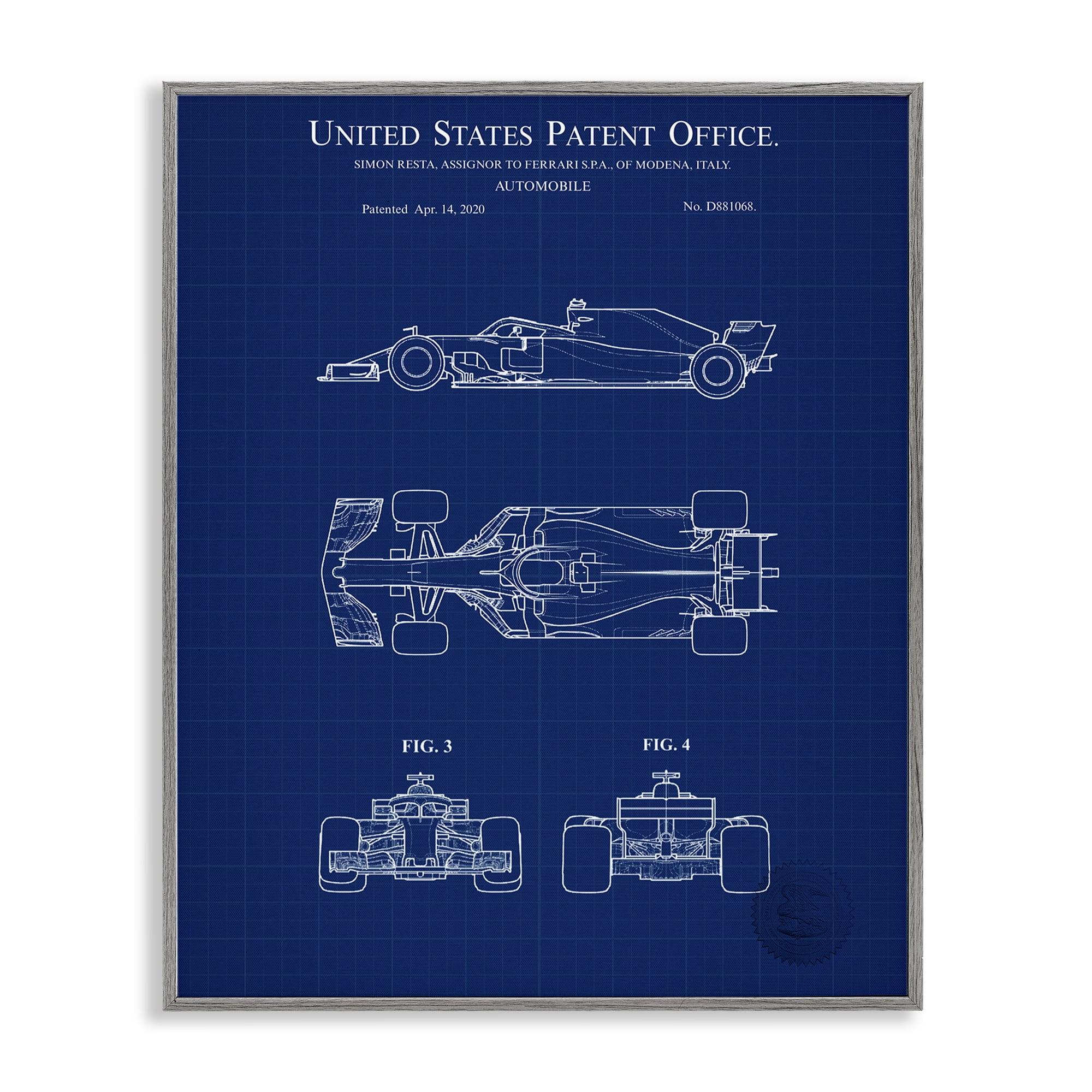 Stupell Industries Race Car Blueprint Transportation Painting Gray Framed Art Print Wall Art, 16 x 20