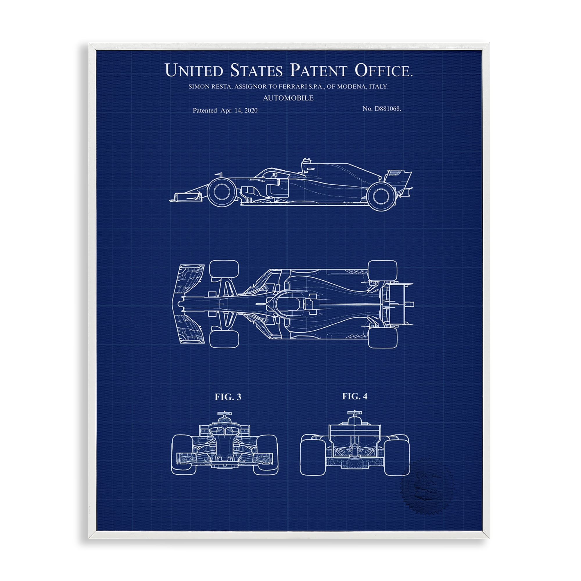 Stupell Industries Race Car Blueprint Transportation Painting White Framed Art Print Wall Art, 11 x 14