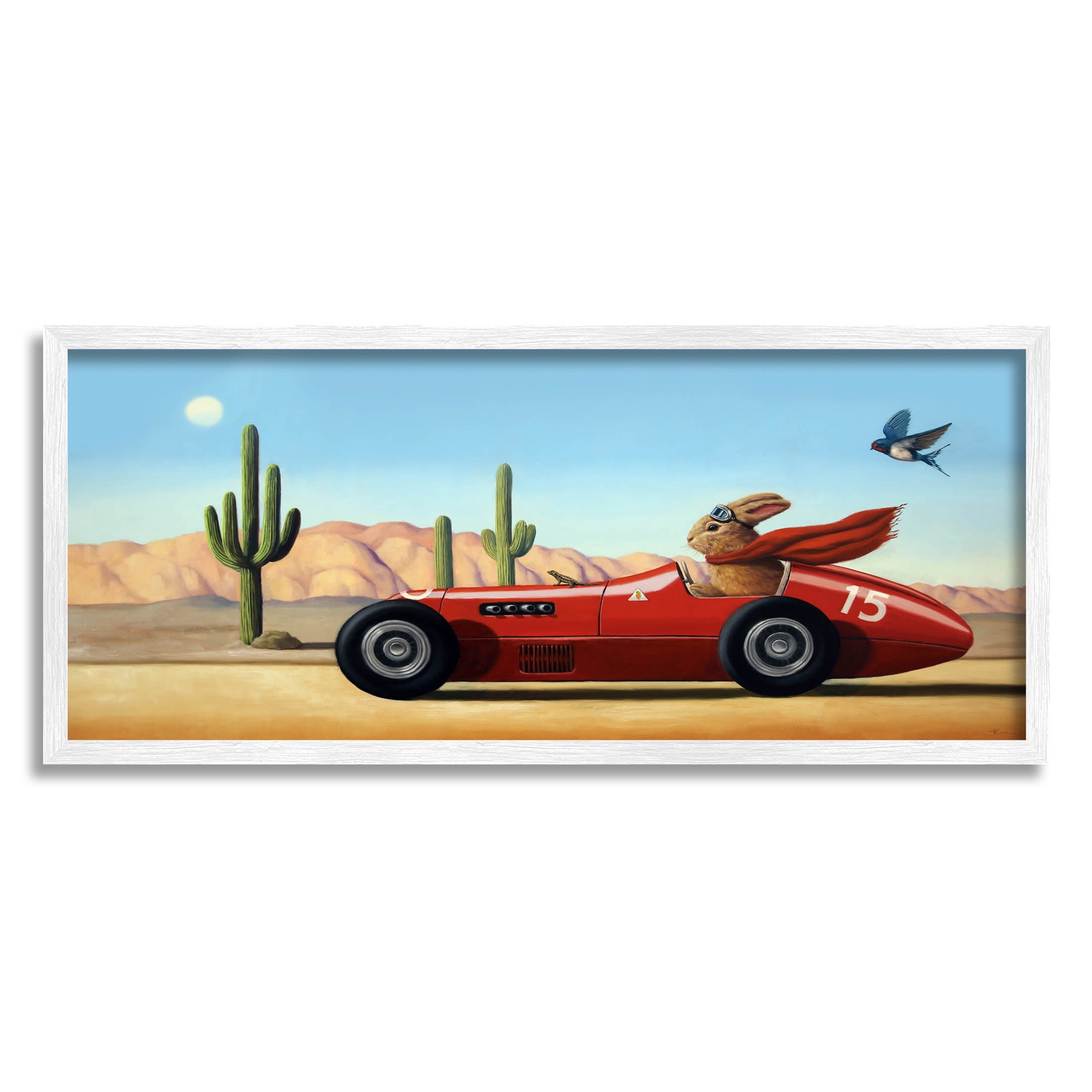 Stupell Industries Race Car Bunny Driving Desert Canyon Painting White Framed Art Print Wall Art, Design by Lucia Heffernan