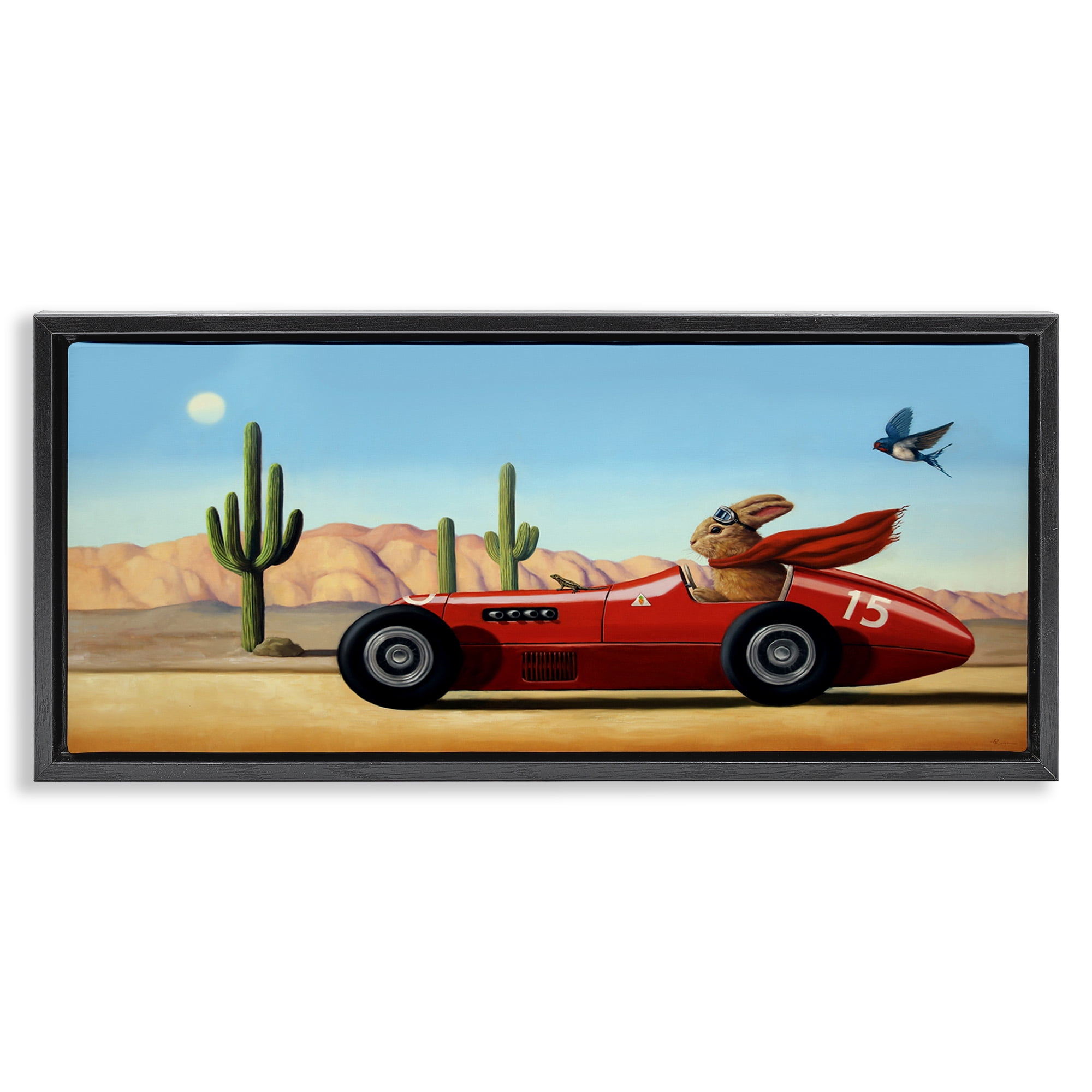 Stupell Industries Race Car Bunny Driving Desert Canyon Transportation Painting Black Floater Framed Canvas Art Print Wall Art, 31 x 14