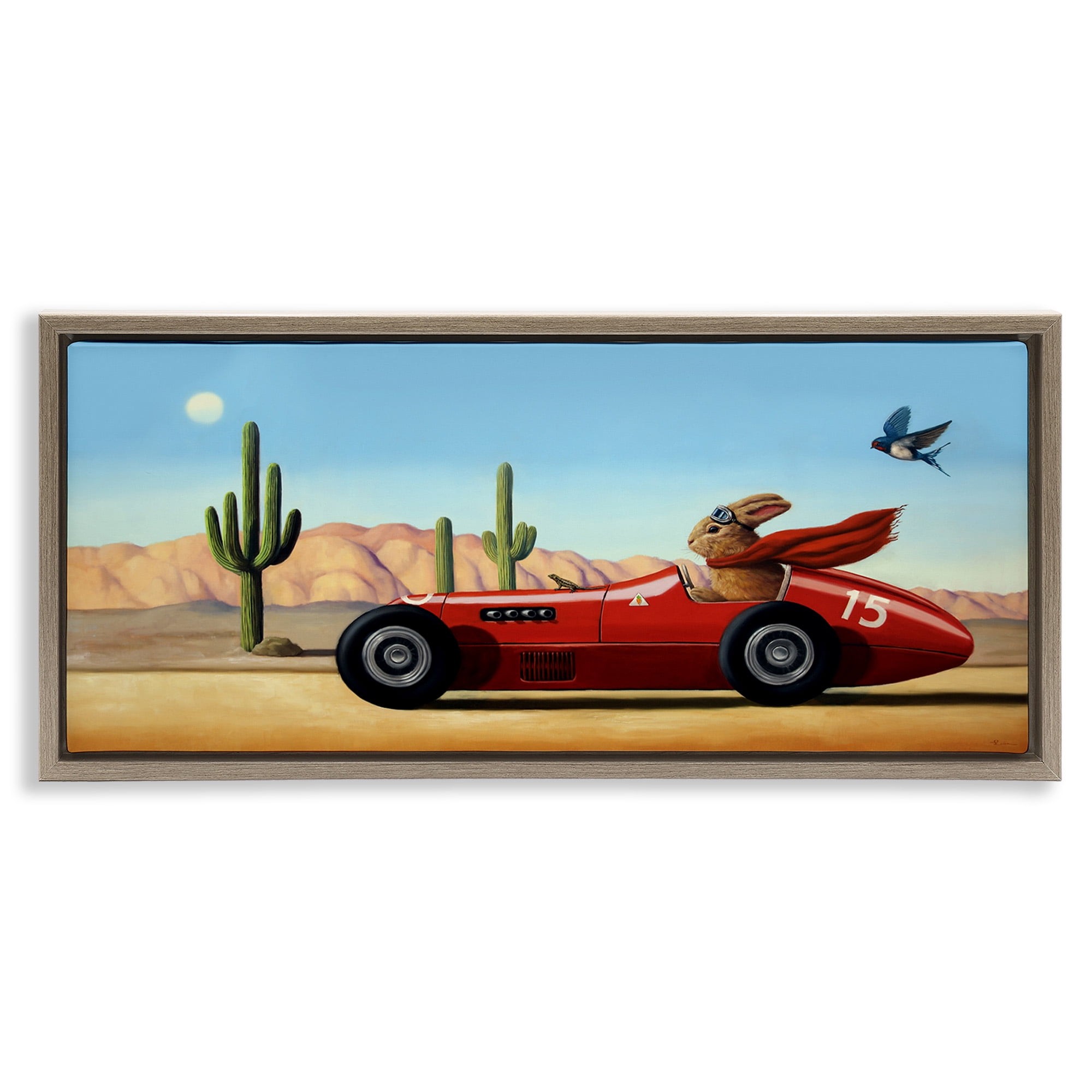 Stupell Industries Race Car Bunny Driving Desert Canyon Transportation Painting Brown Floater Framed Canvas Art Print Wall Art, 31 x 14
