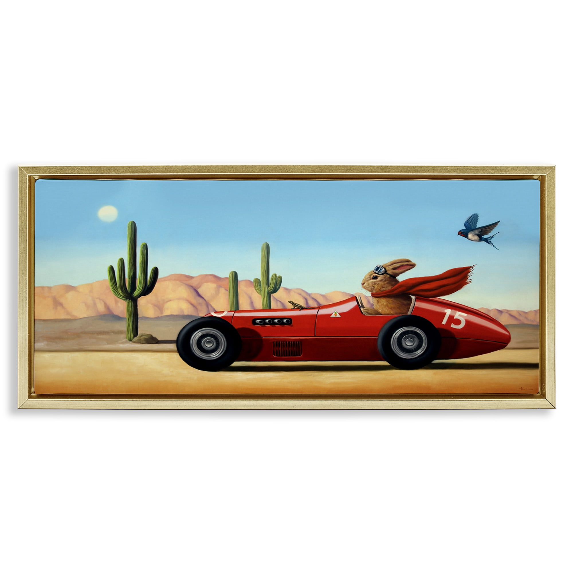 Stupell Industries Race Car Bunny Driving Desert Canyon Transportation Painting Gold Floater Framed Canvas Art Print Wall Art, 31 x 14