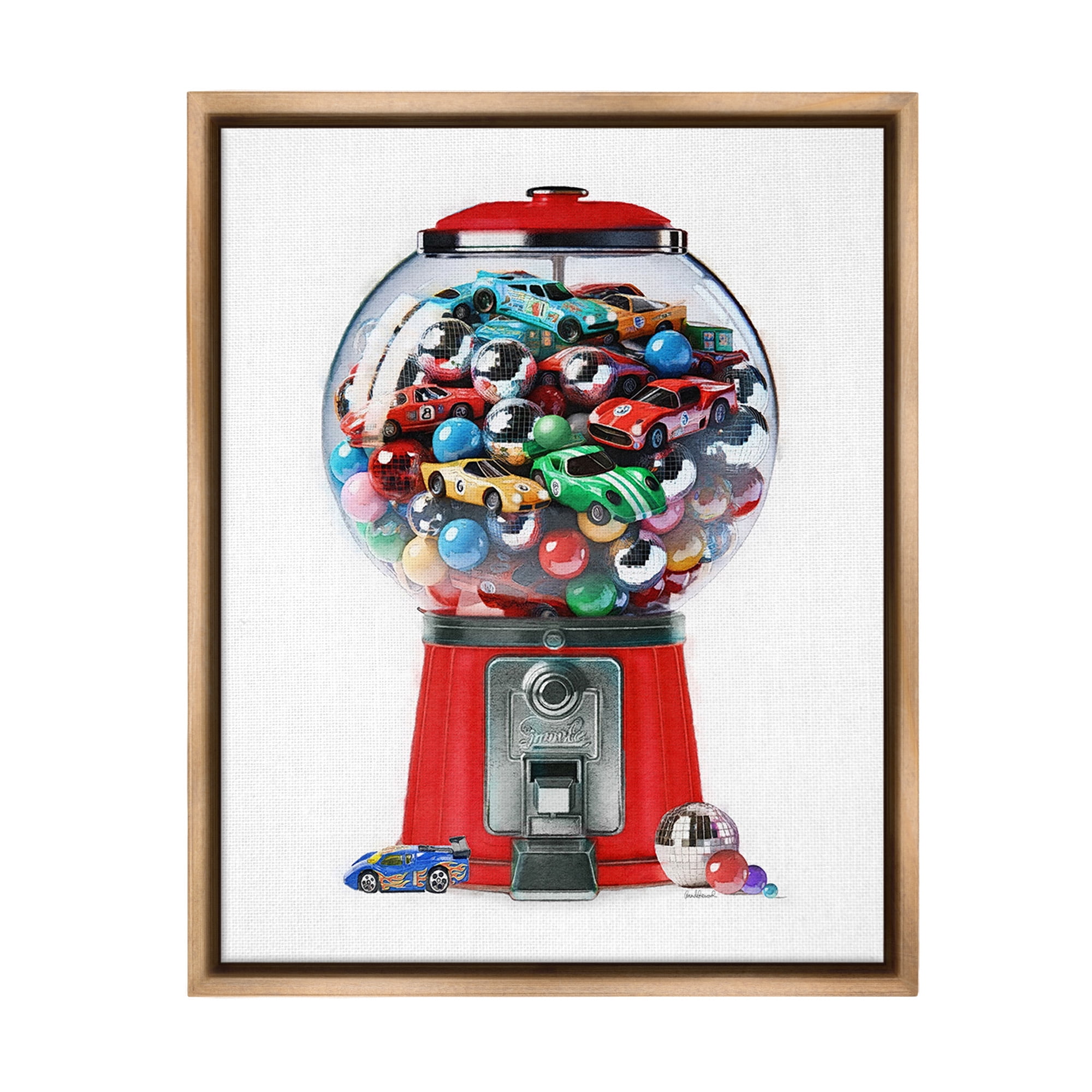 Stupell Industries Race Car Candy Dispenser Transportation Painting Brown Floater Framed Canvas Art Print Wall Art, 25 x 31