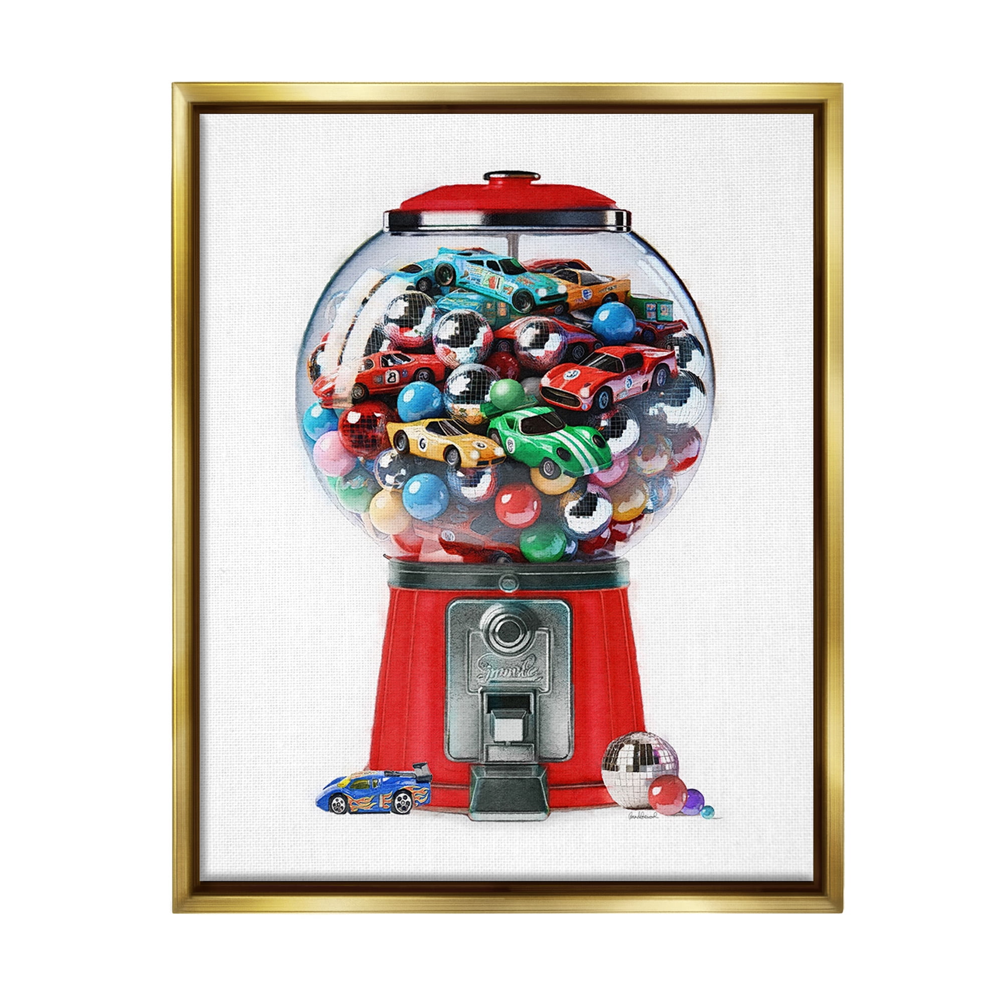 Stupell Industries Race Car Candy Dispenser Transportation Painting Gold Floater Framed Canvas Art Print Wall Art, 25 x 31