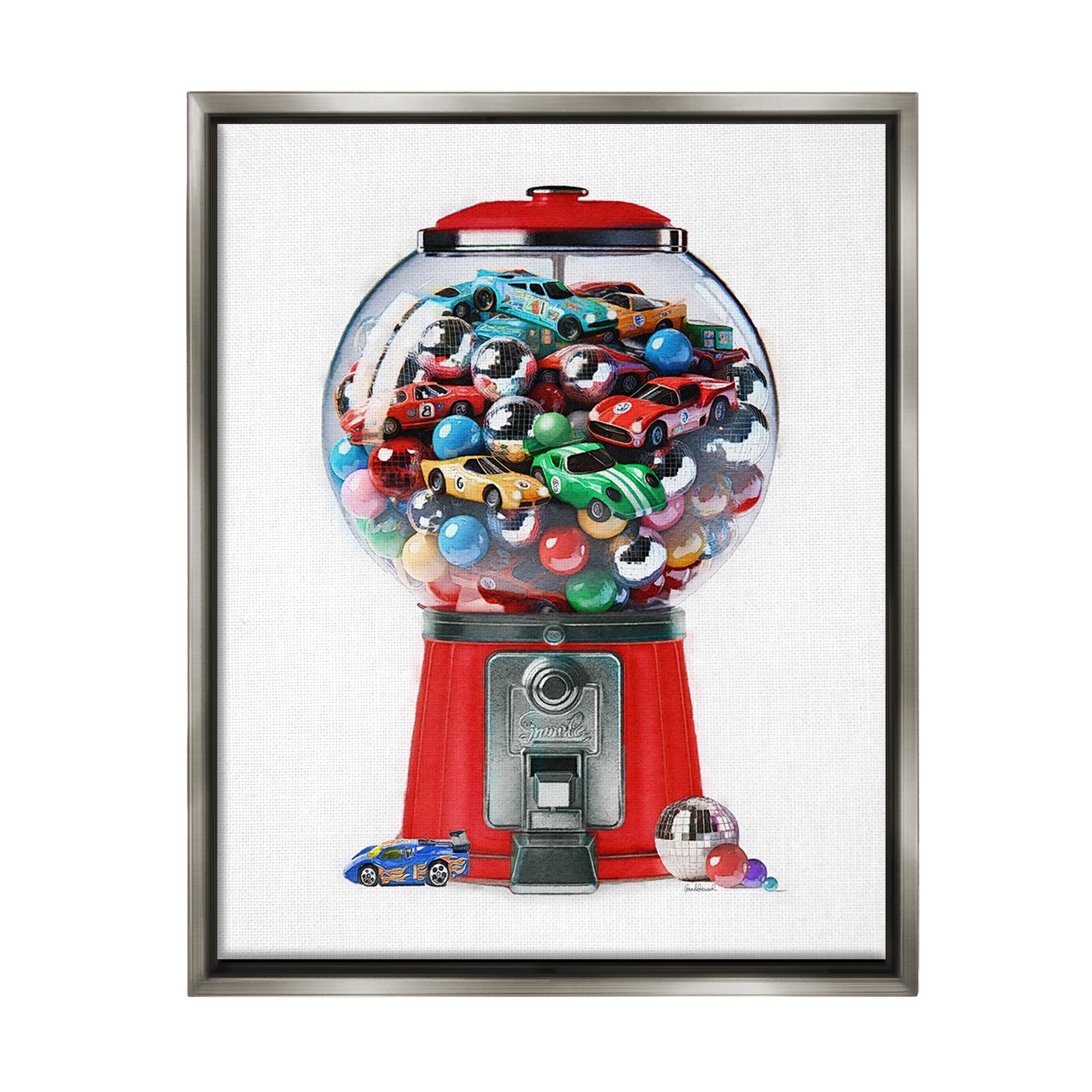 Stupell Industries Race Car Candy Dispenser Transportation Painting Gray Floater Framed Canvas Art Print Wall Art, 17 x 21