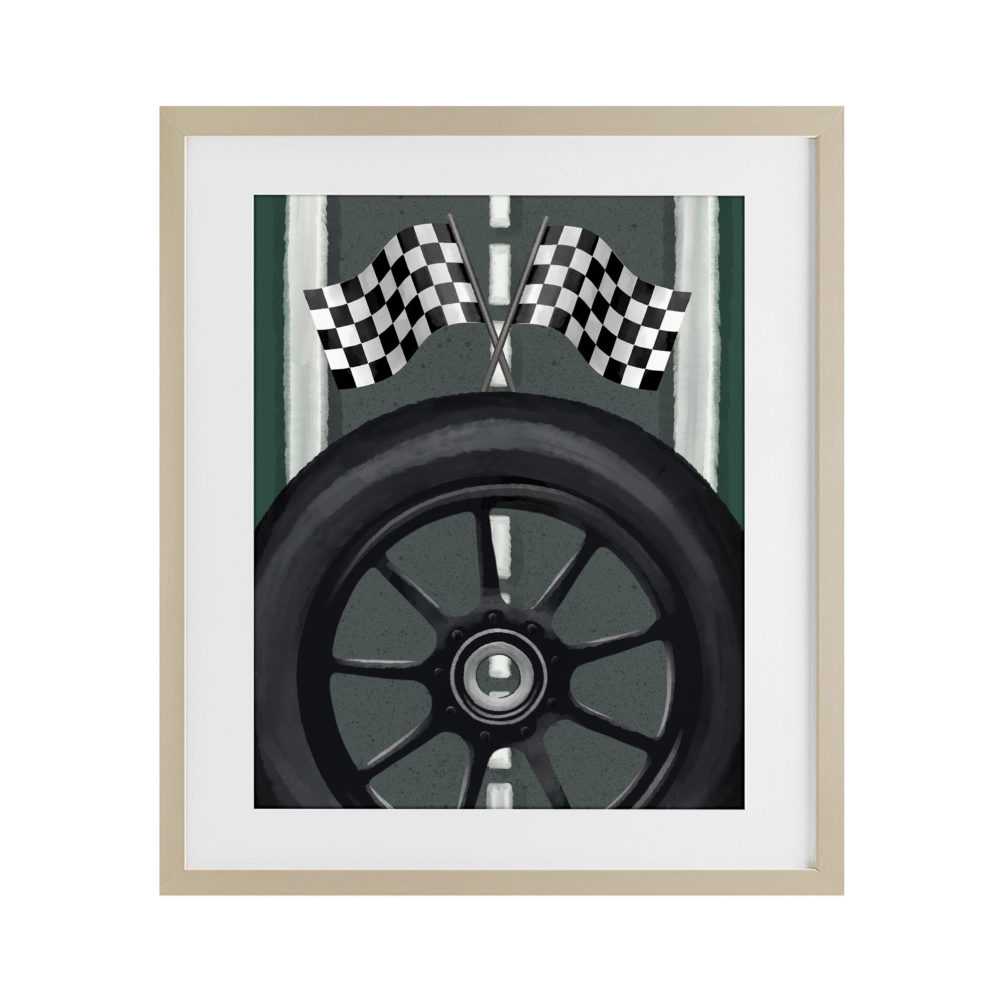 Stupell Industries Racetrack Flags & Tire Birch Framed Print Under Glass, design by Jennifer Stith