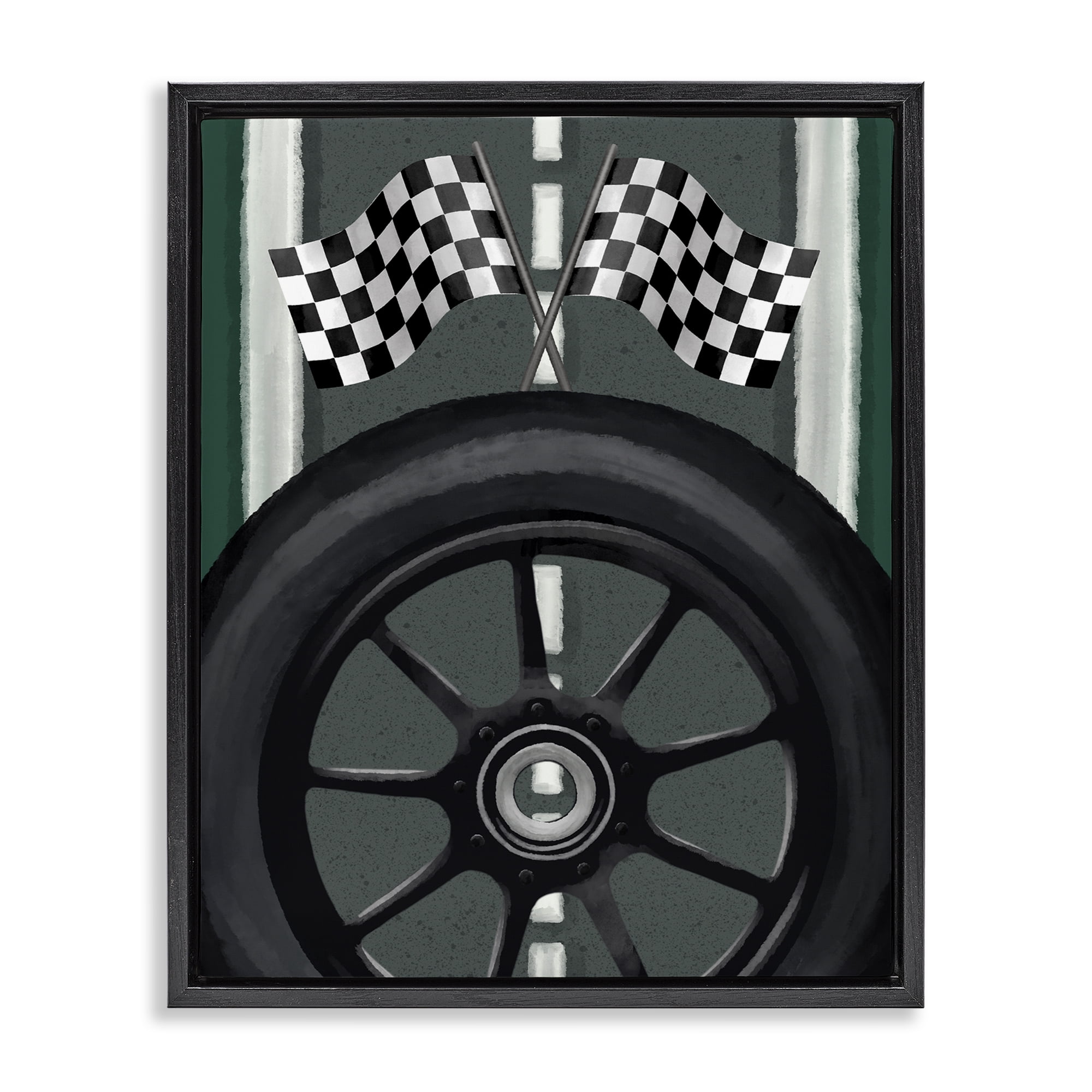 Stupell Industries Racetrack Flags & Tire Black Framed Floater Canvas Wall Art, design by Jennifer Stith