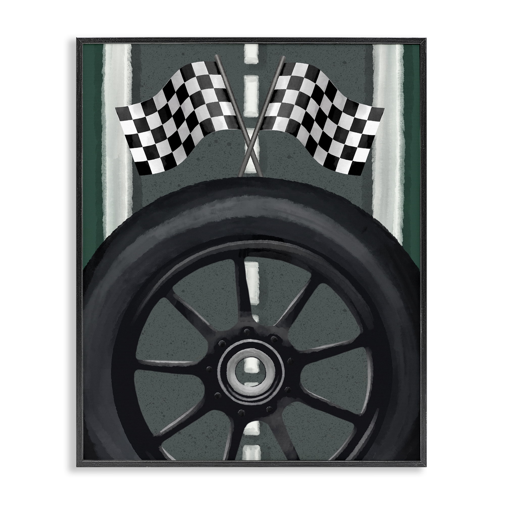 Stupell Industries Racetrack Flags & Tire Black Framed Giclee Art, design by Jennifer Stith