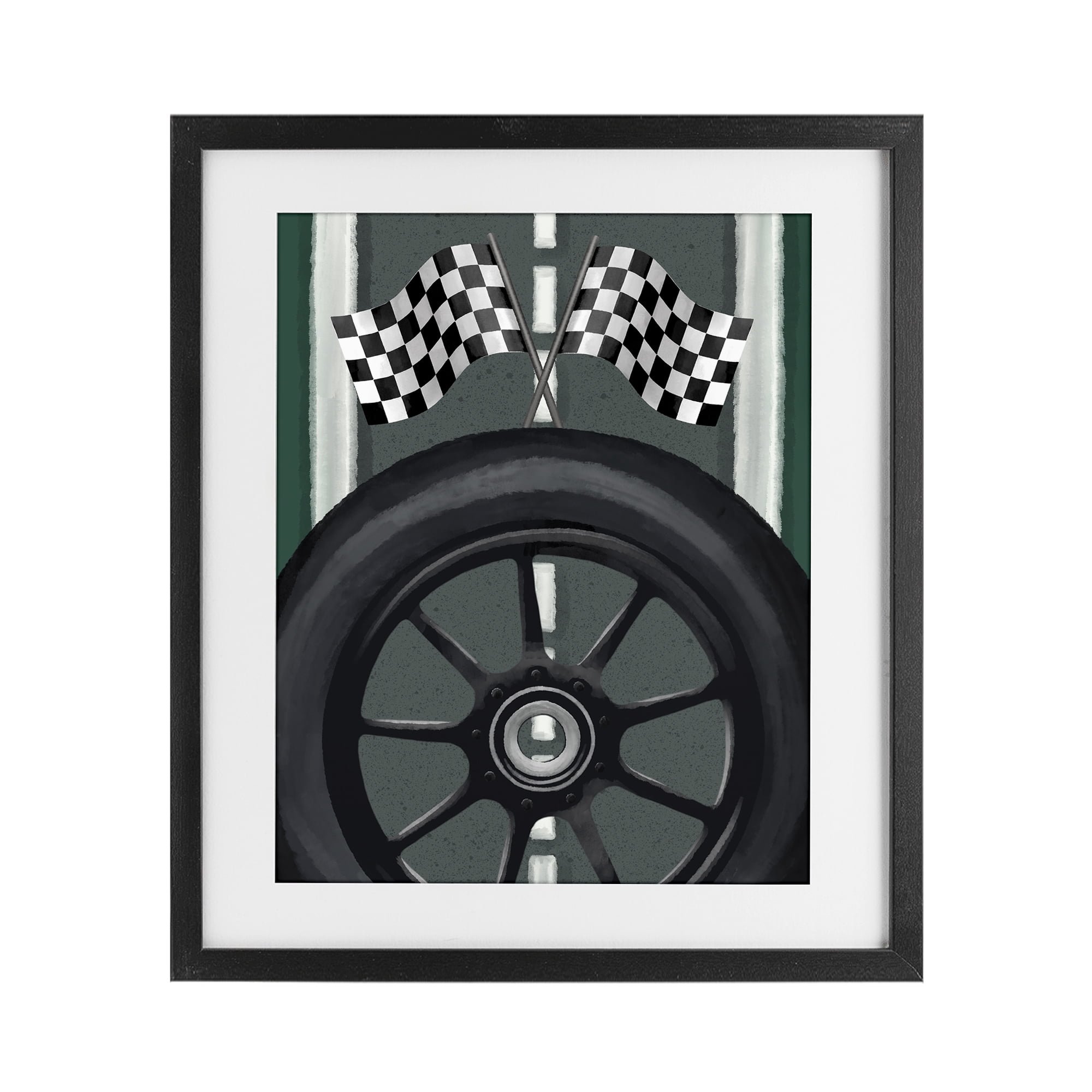 Stupell Industries Racetrack Flags & Tire Black Framed Print Under Glass, design by Jennifer Stith