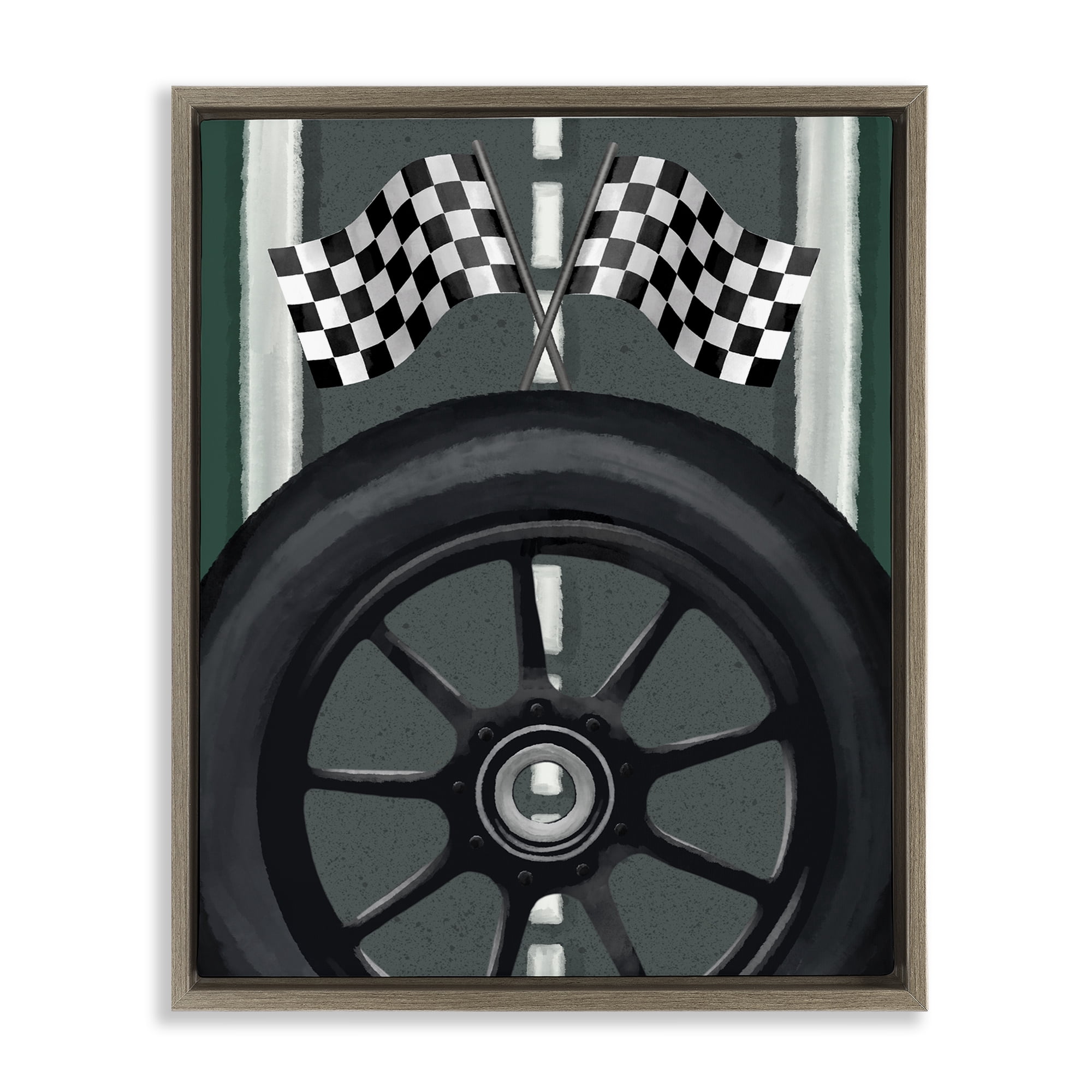 Stupell Industries Racetrack Flags & Tire Brown Framed Floater Canvas Wall Art, design by Jennifer Stith
