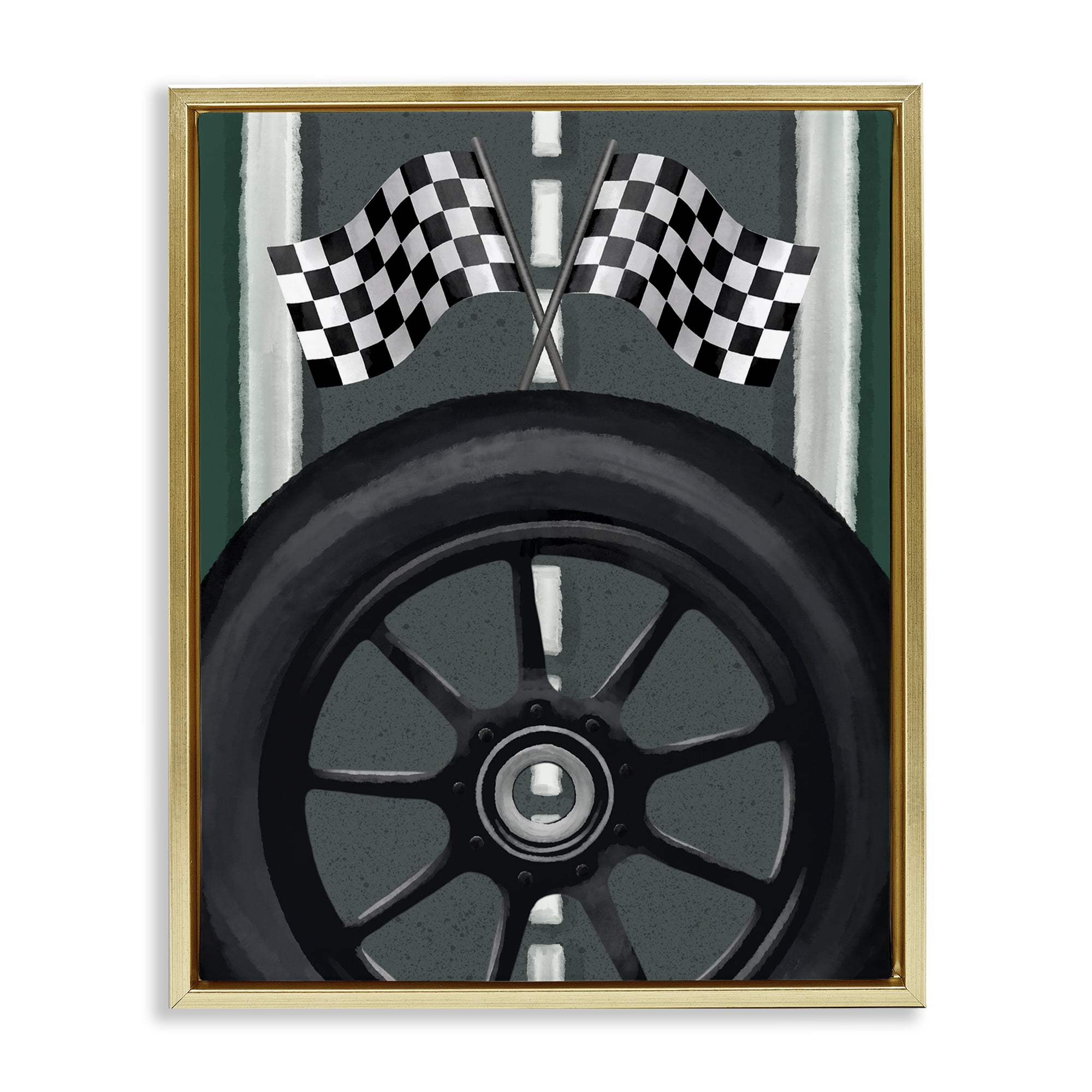 Stupell Industries Racetrack Flags & Tire Gold Framed Floater Canvas Wall Art, design by Jennifer Stith