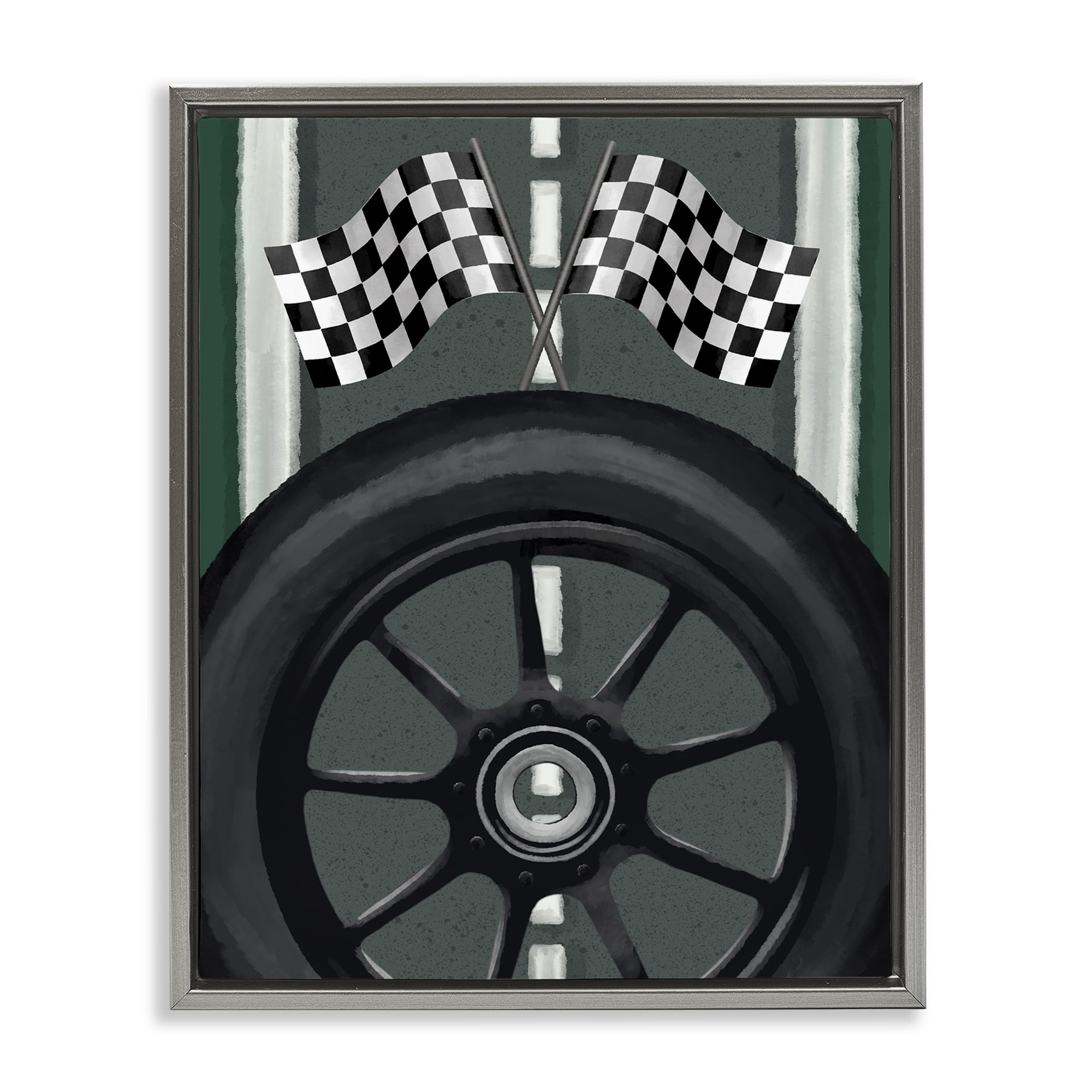 Stupell Industries Racetrack Flags & Tire Gray Framed Floater Canvas Wall Art, design by Jennifer Stith