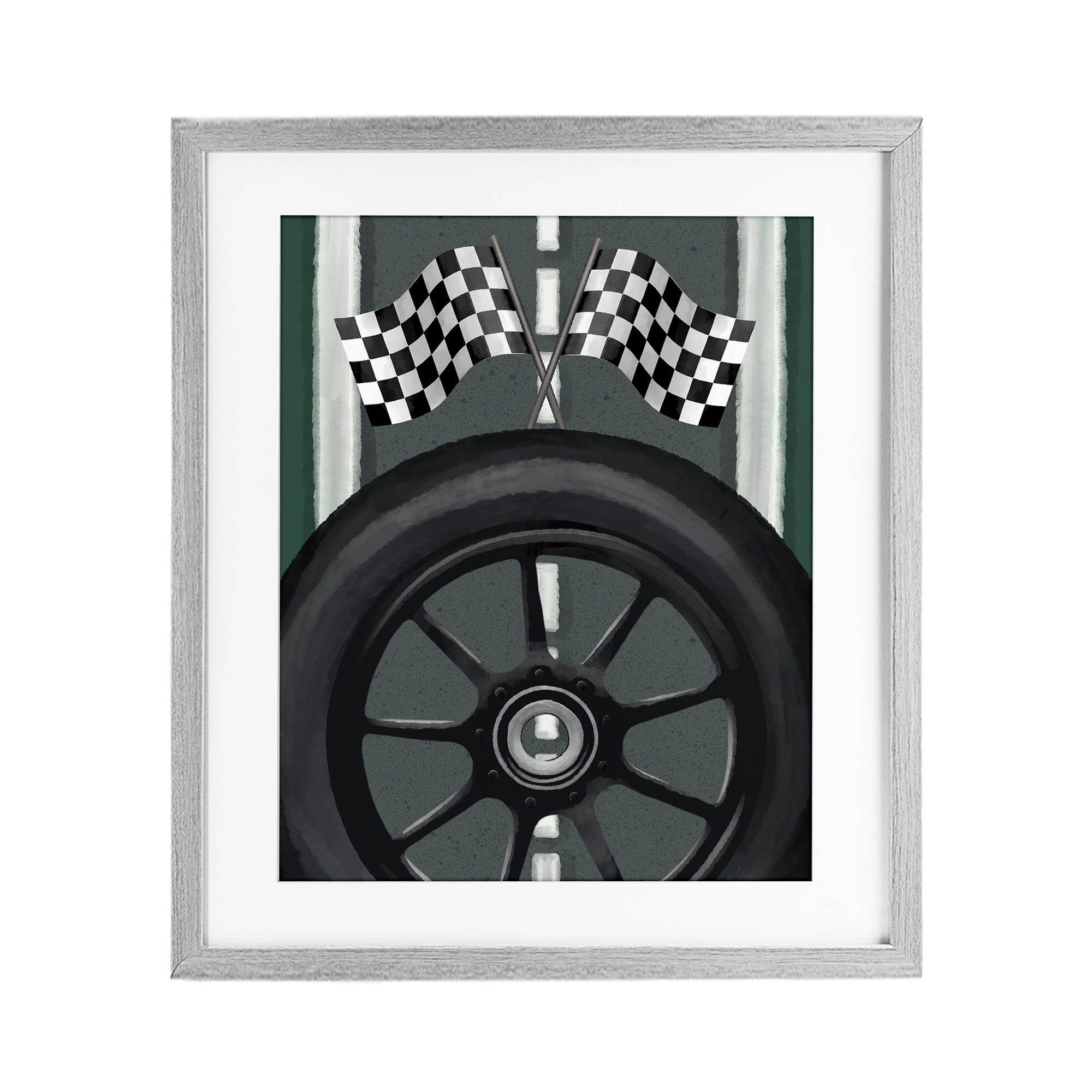 Stupell Industries Racetrack Flags & Tire Gray Framed Print Under Glass, design by Jennifer Stith