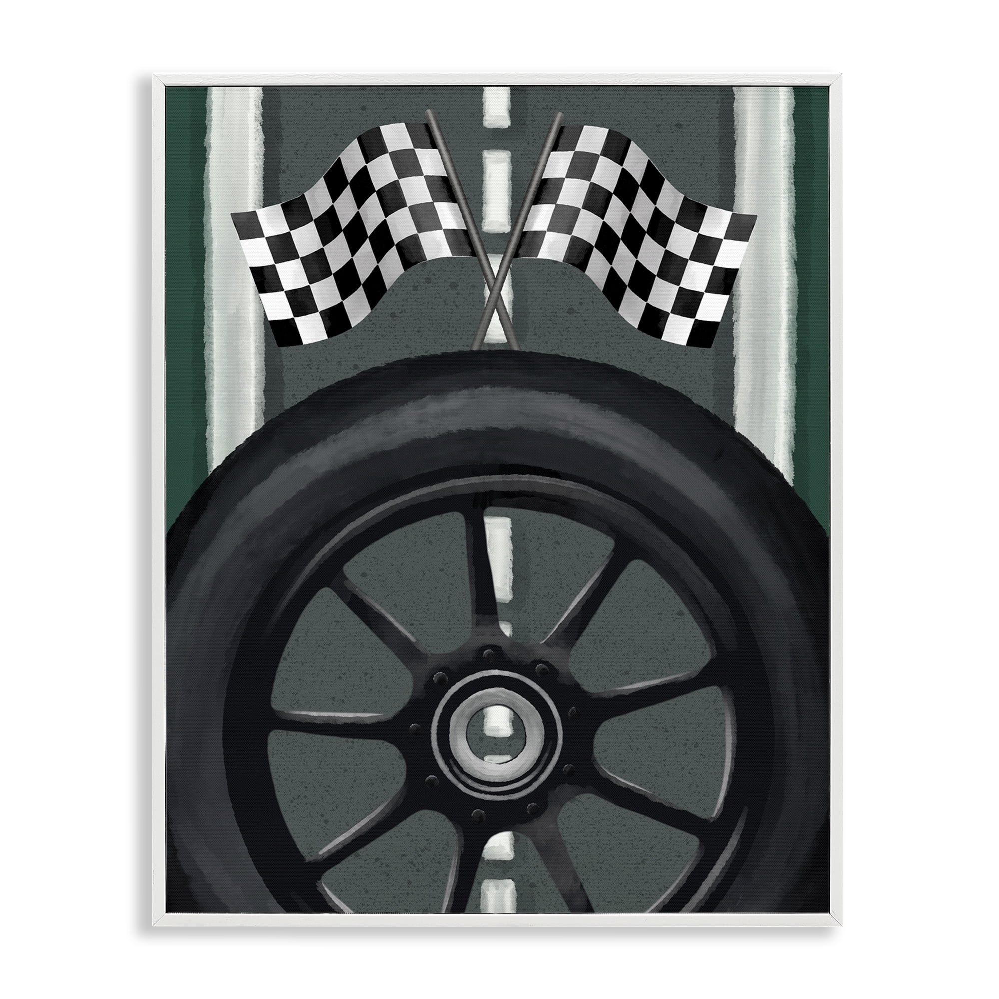 Stupell Industries Racetrack Flags & Tire White Framed Giclee Art, design by Jennifer Stith