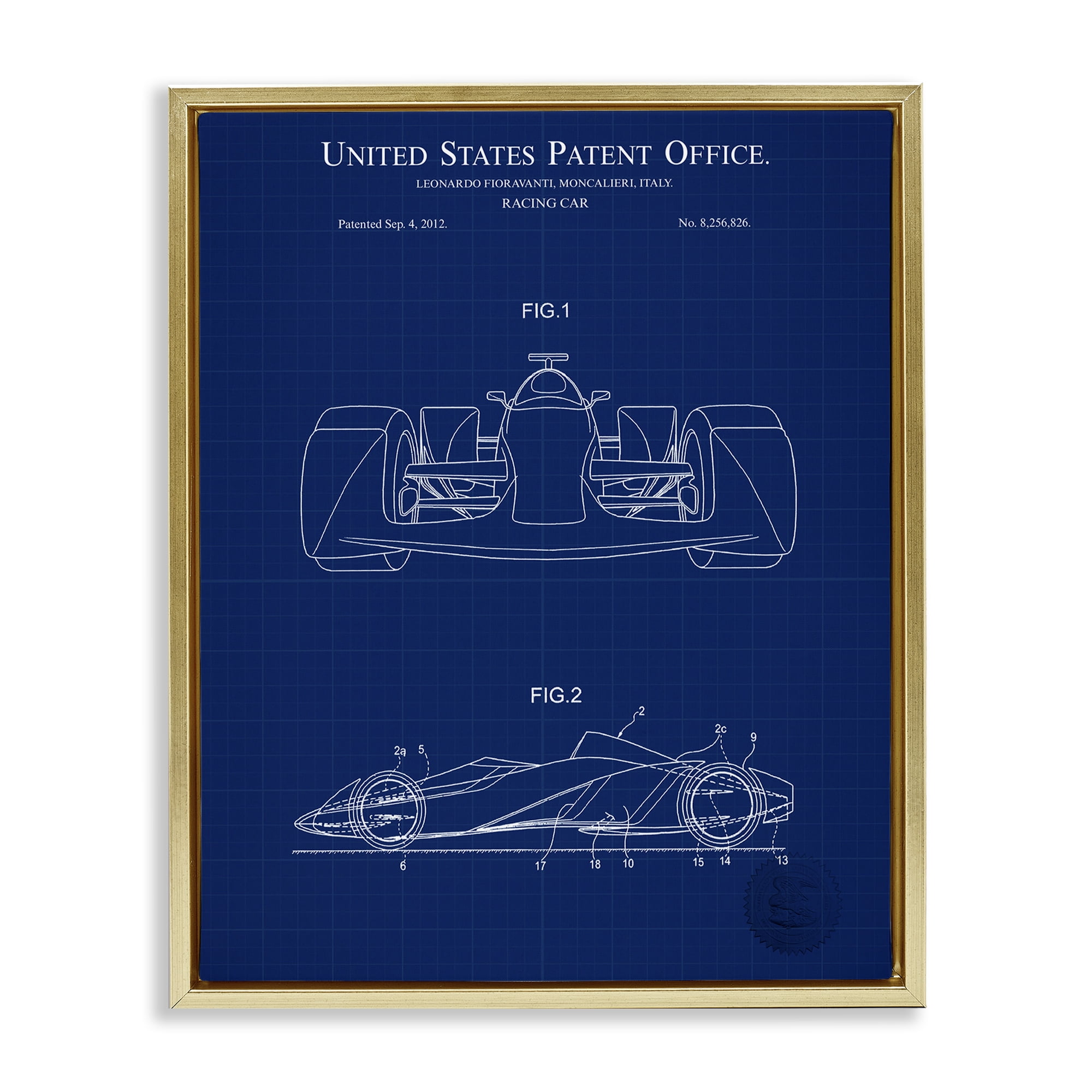 Stupell Industries Racing Car Blueprint Transportation Painting Gold Floater Framed Art Print Wall Art, 17 x 21
