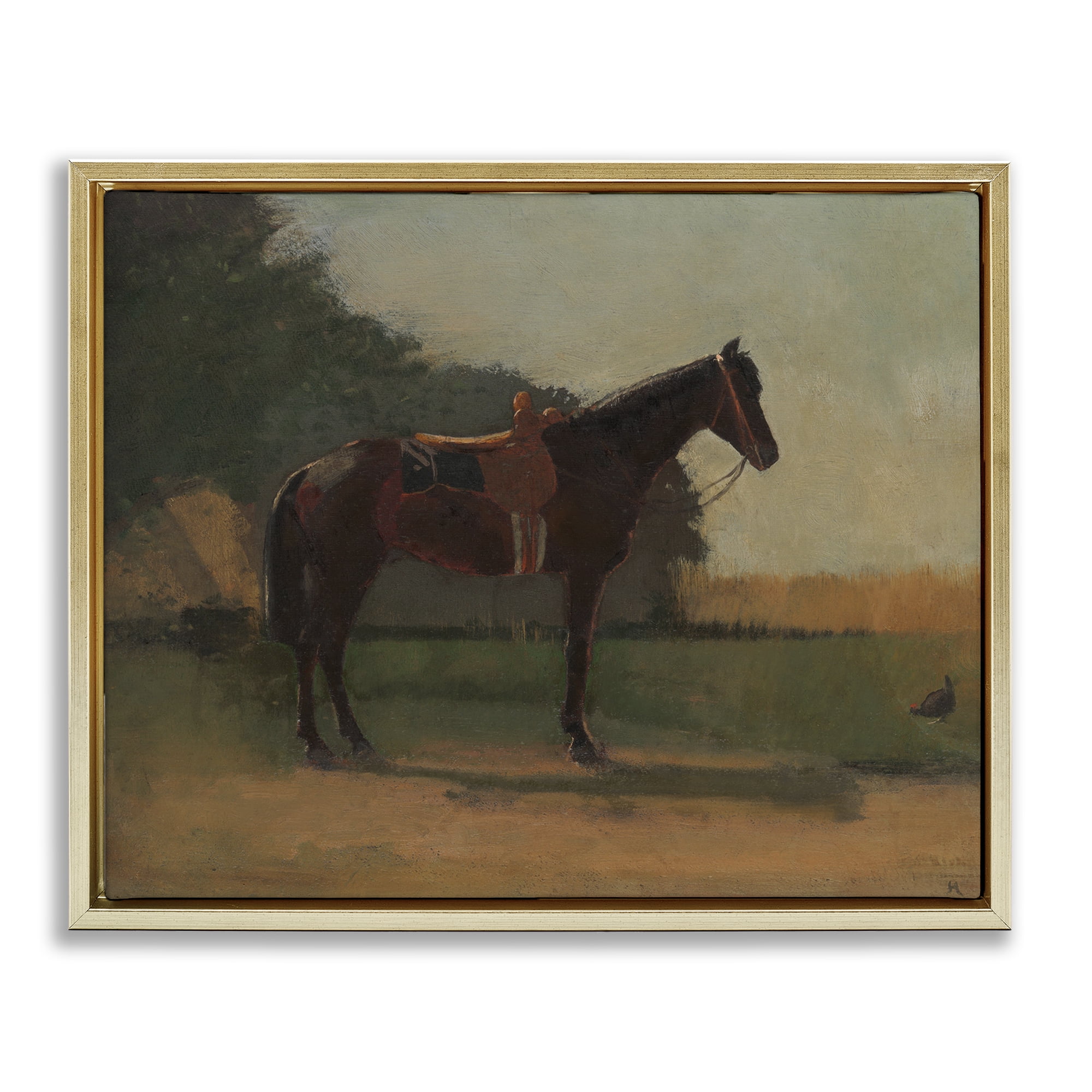 Stupell Industries Racing Horse with Saddle Animals & Insects Painting Gold Floater Framed Canvas Art Print Wall Art, 21 x 17