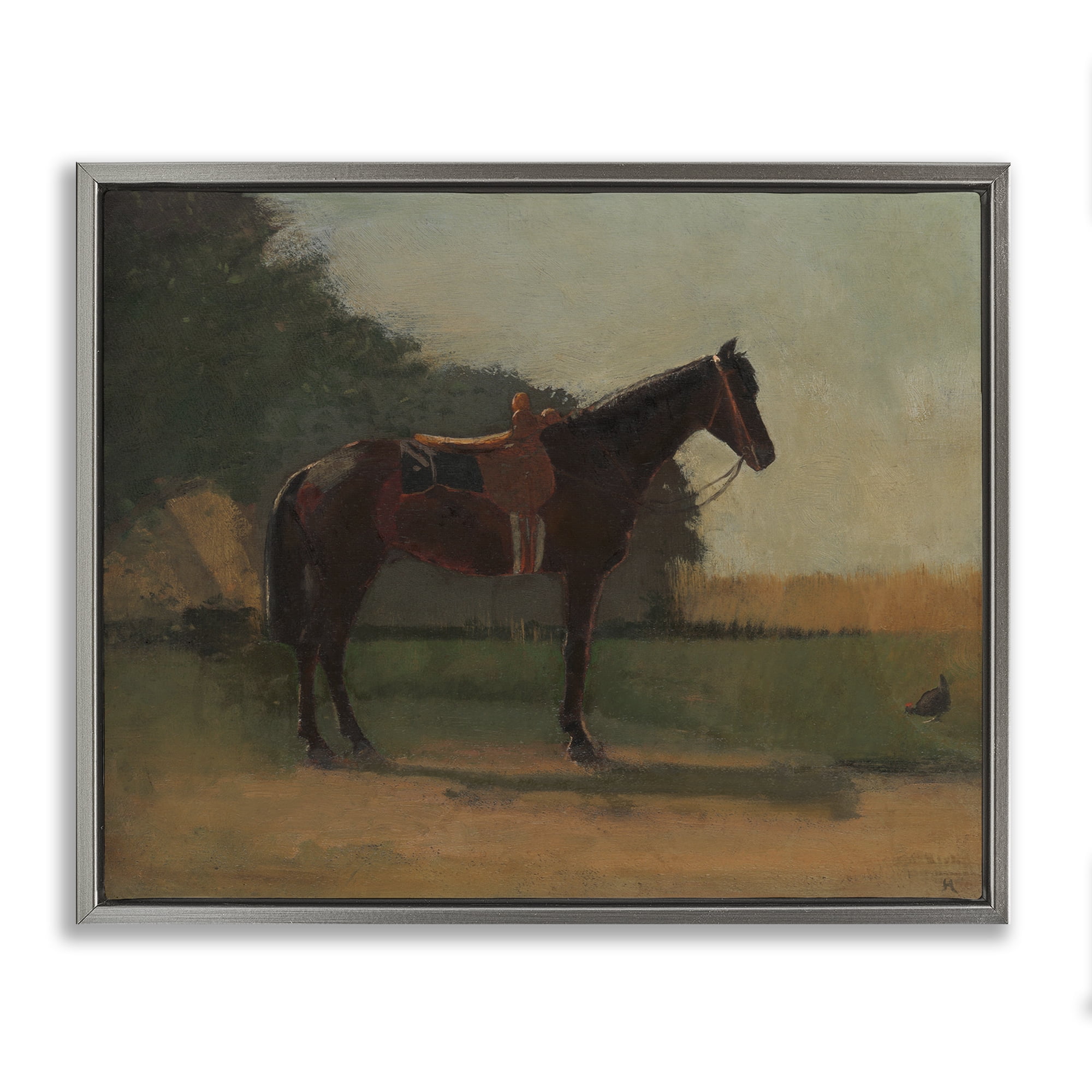 Stupell Industries Racing Horse with Saddle Animals & Insects Painting Gray Floater Framed Canvas Art Print Wall Art, 21 x 17