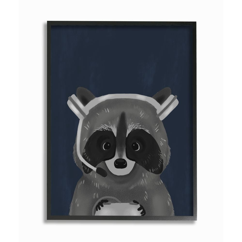 Stupell Industries Racoon with Gaming Headset Children's Blue Grey Animal Framed Wall Art Design by Daphne Polselli, 11" x 14", Black Framed