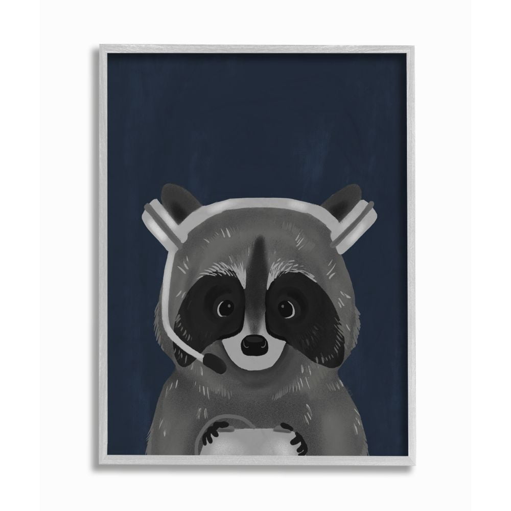 Stupell Industries Racoon with Gaming Headset Children's Blue Grey Animal Framed Wall Art Design by Daphne Polselli, 16" x 20", Gray Framed