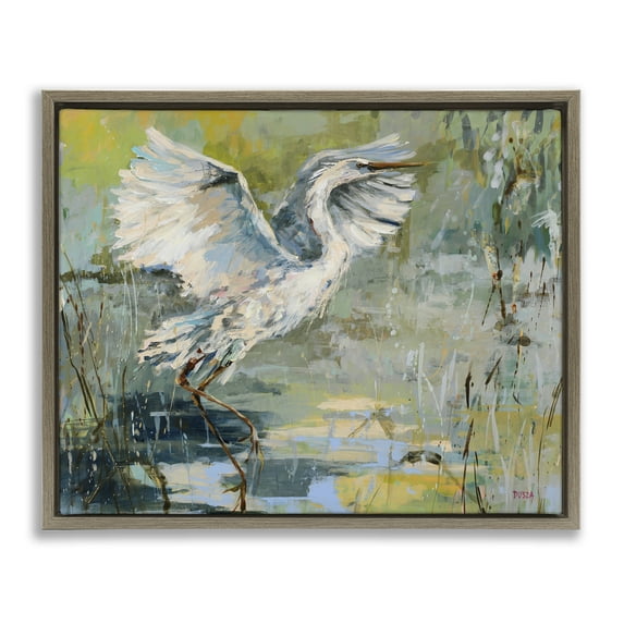 Stupell Industries Radiant Crane at Pond Animals Painting Brown Floater Framed Canvas Art Print Wall Art, 21 x 17