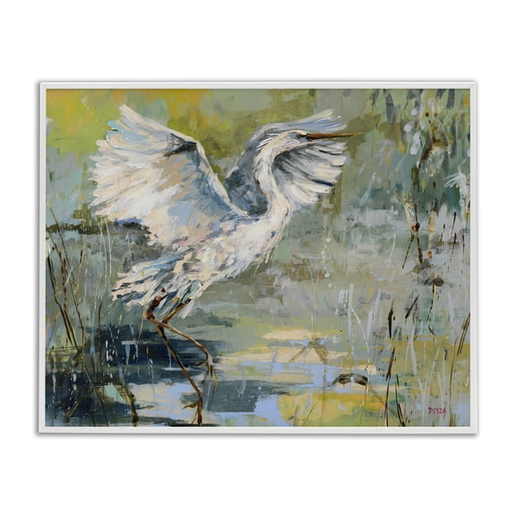 Stupell Industries Radiant Crane at Pond Animals Painting White Framed Art Print Wall Art, 14 x 11