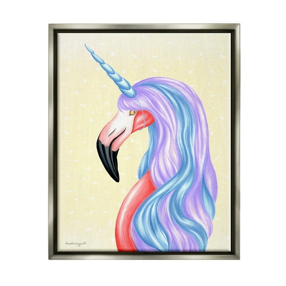 Stupell Industries Radiant Flamingo Bird Pastel Unicorn Horn Hair Graphic Art Luster Gray Floating Framed Canvas Print Wall Art, Design by Amelie Legault