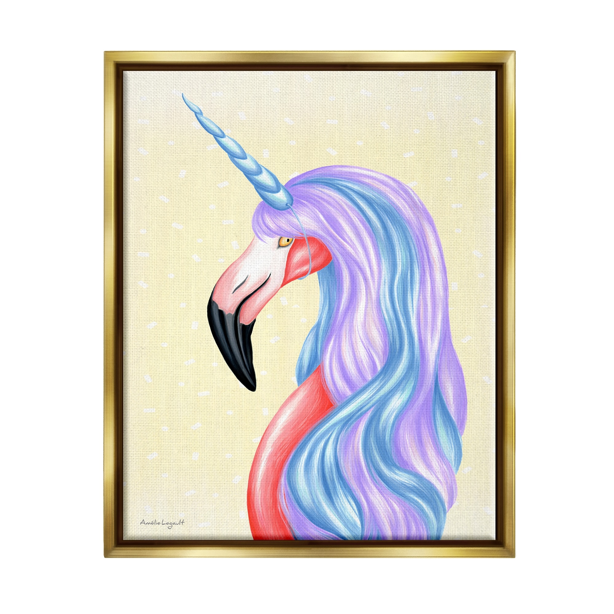Stupell Industries Radiant Flamingo Bird Pastel Unicorn Horn Hair Graphic Art Metallic Gold Floating Framed Canvas Print Wall Art, Design by Amelie Legault