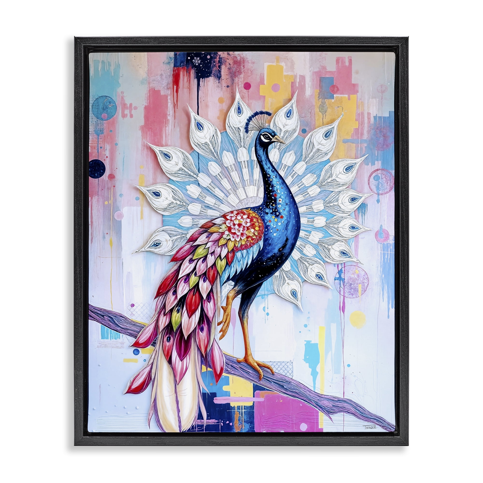Stupell Industries Radiant Peacock on Branch Black Framed Floater Canvas Wall Art, design by Tabz Jones
