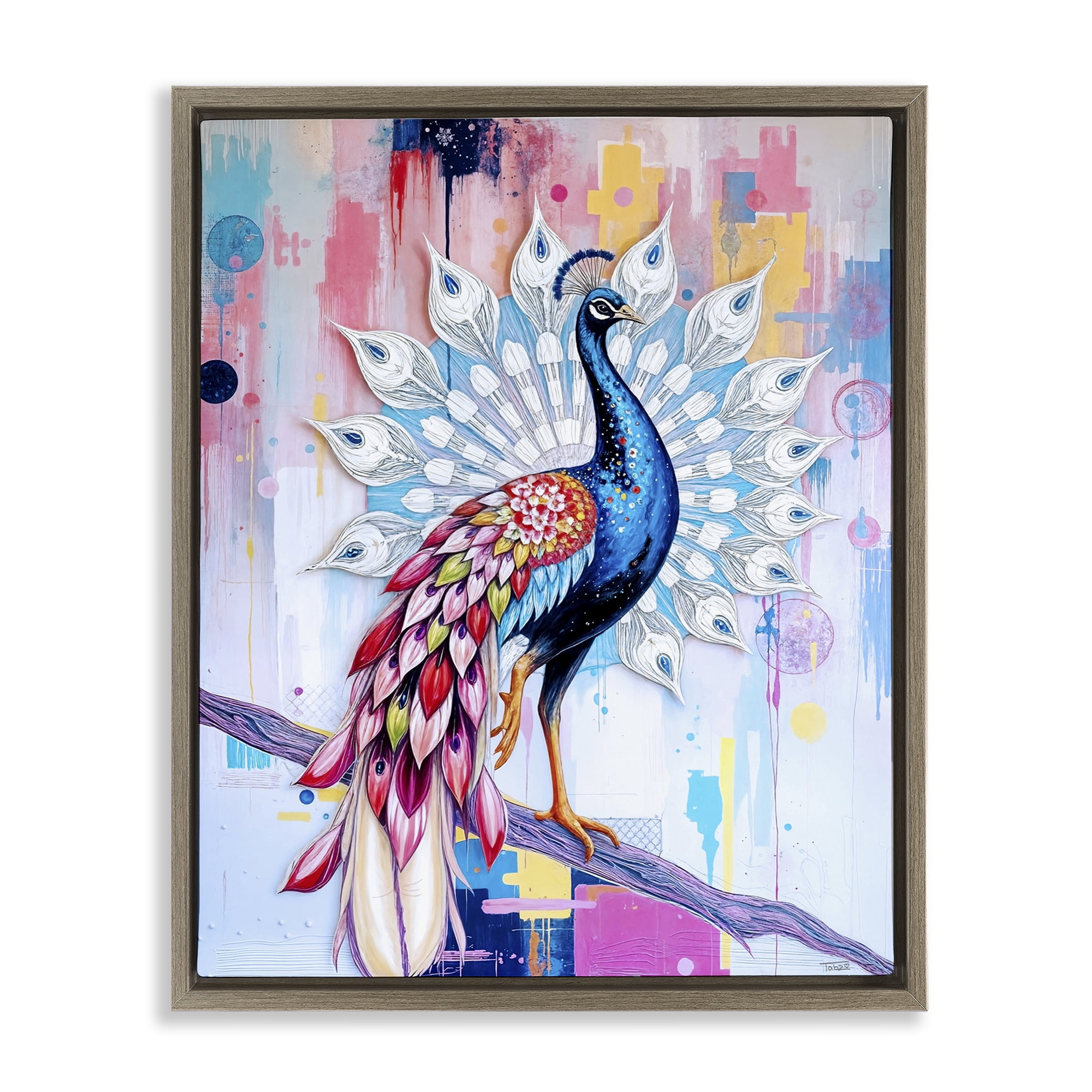 Stupell Industries Radiant Peacock on Branch Brown Framed Floater Canvas Wall Art, design by Tabz Jones