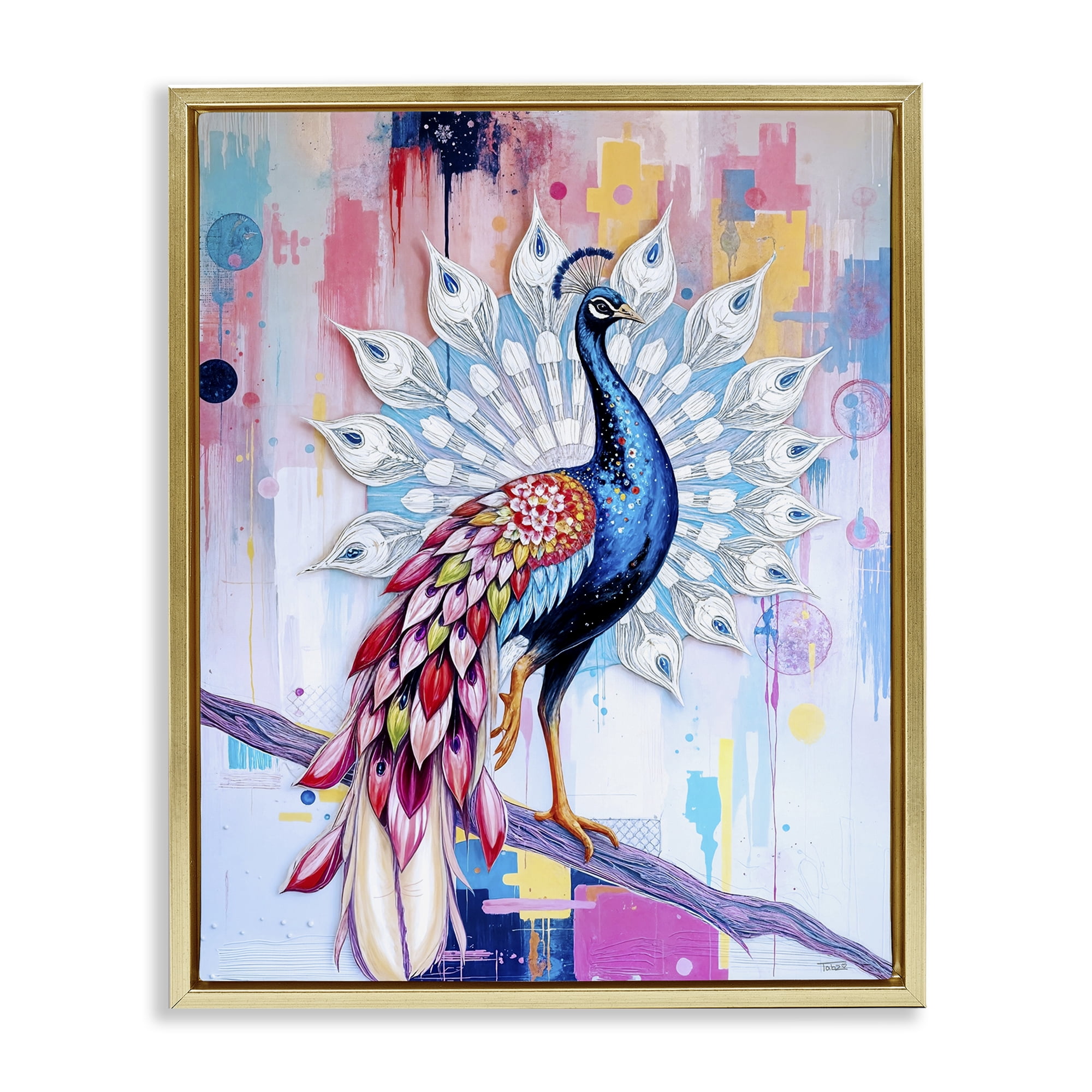 Stupell Industries Radiant Peacock on Branch Gold Framed Floater Canvas Wall Art, design by Tabz Jones