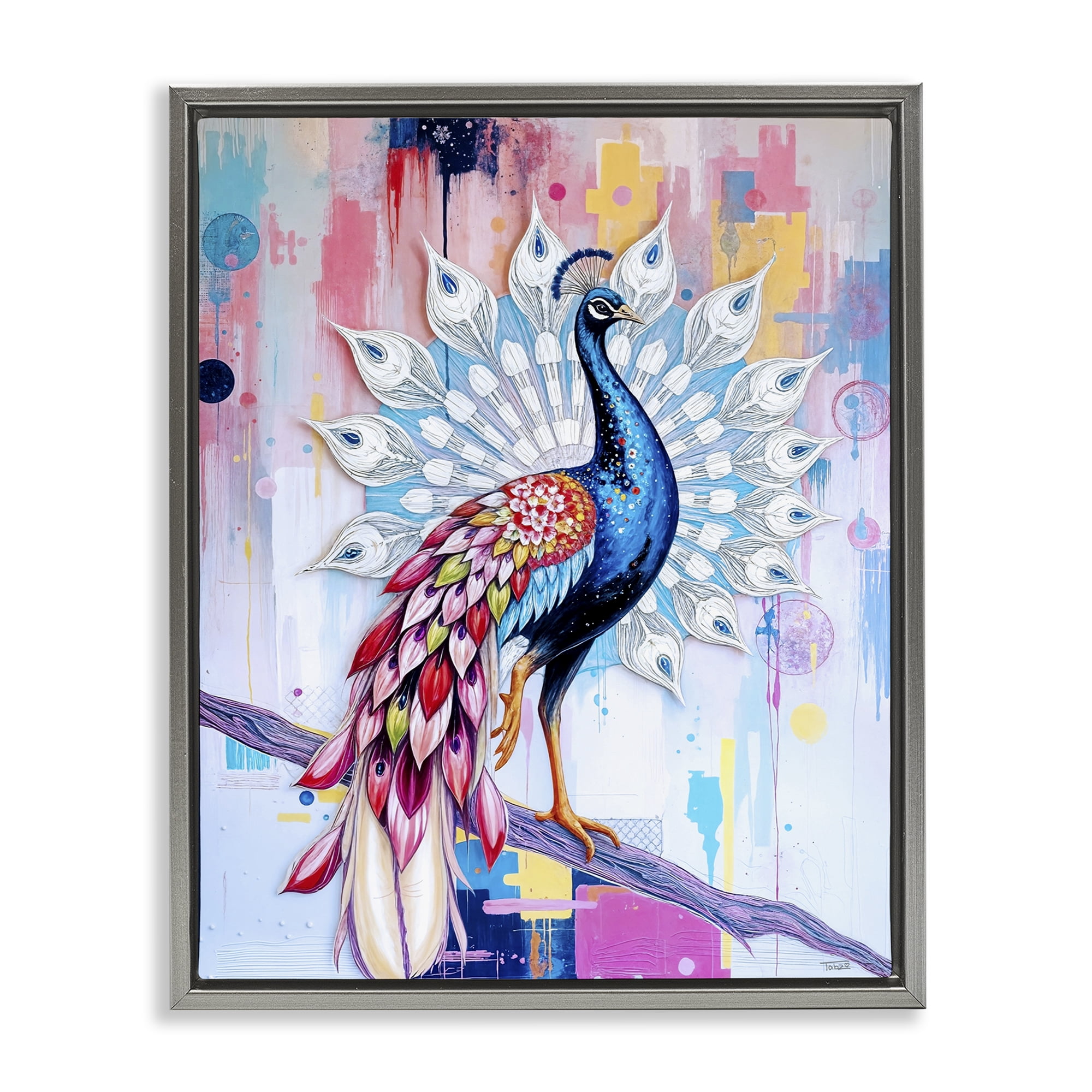 Stupell Industries Radiant Peacock on Branch Gray Framed Floater Canvas Wall Art, design by Tabz Jones