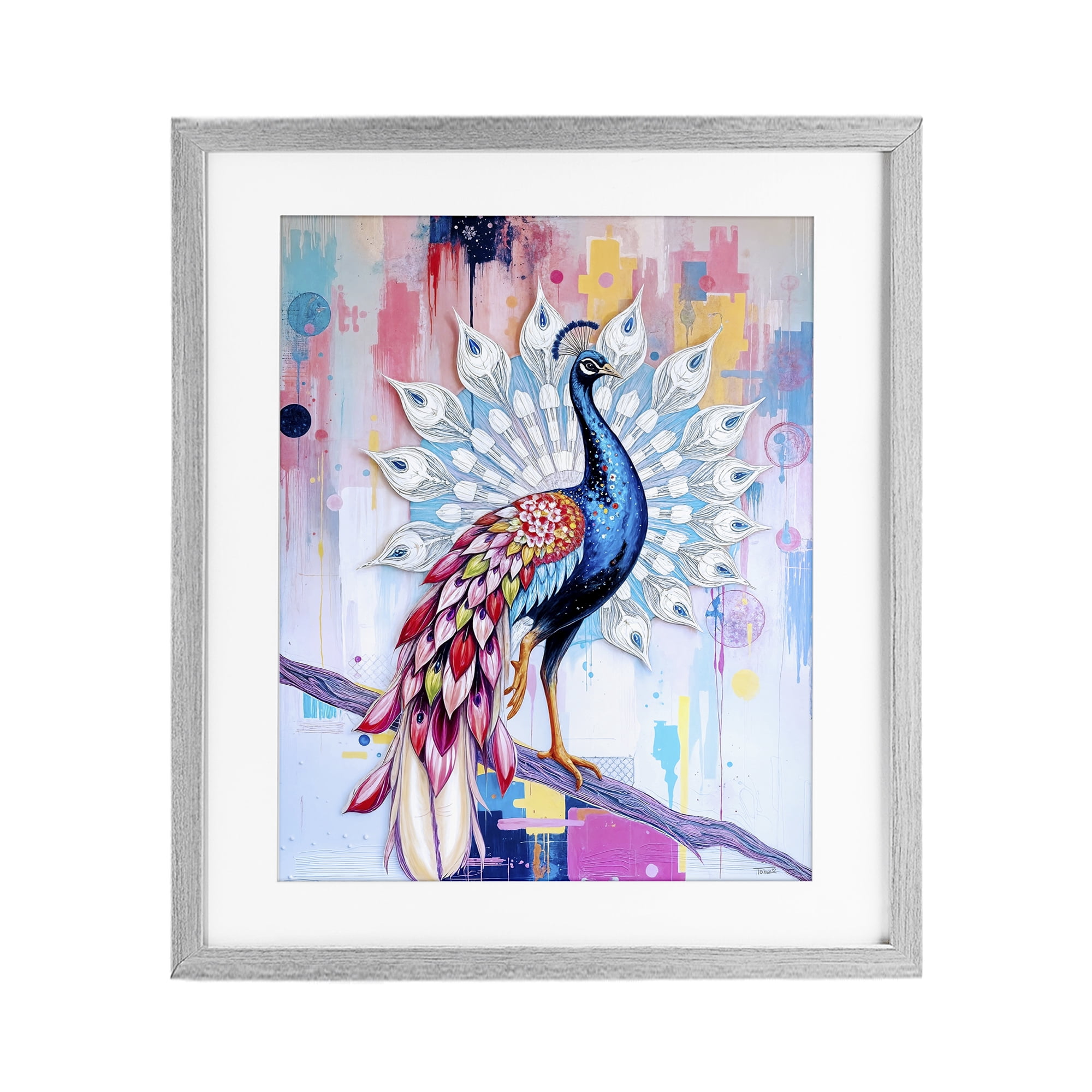 Stupell Industries Radiant Peacock on Branch Gray Framed Print Under Glass, design by Tabz Jones