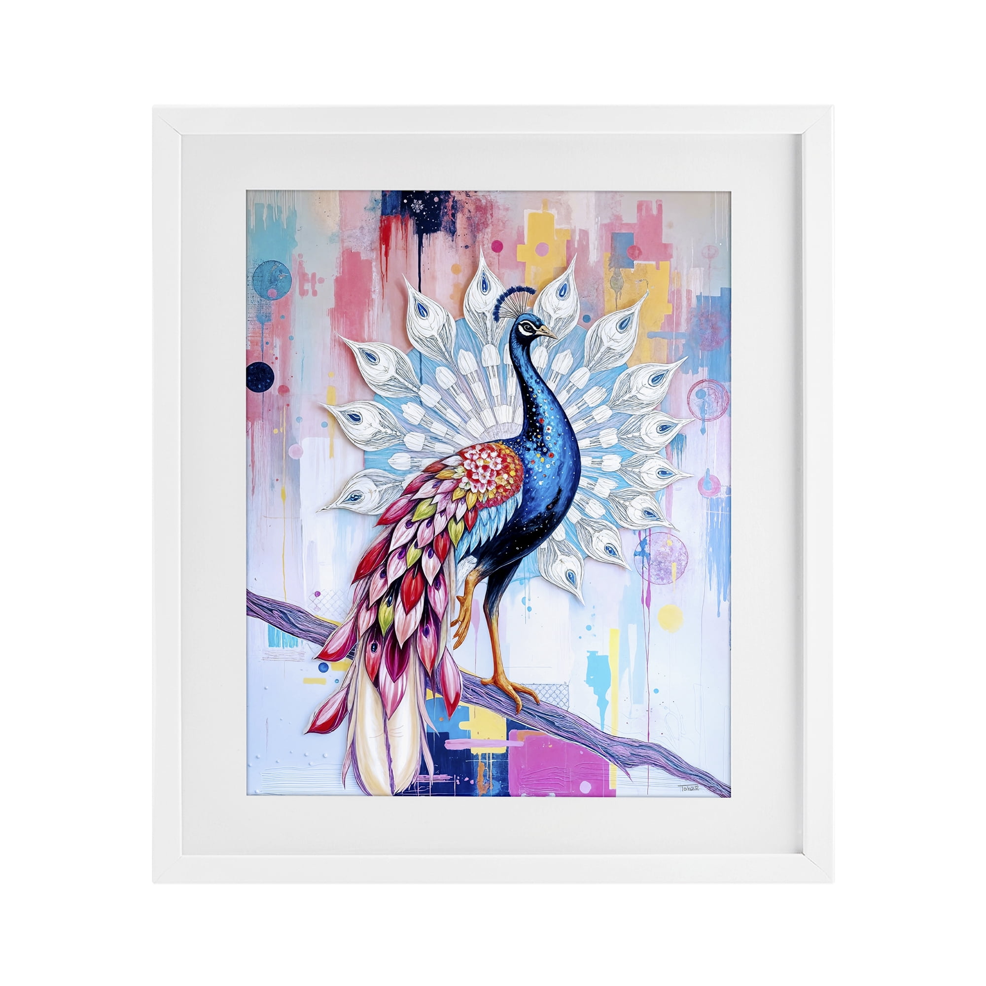 Stupell Industries Radiant Peacock on Branch White Framed Print Under Glass, design by Tabz Jones