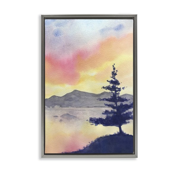 Stupell Industries Radiant Sunset over Lake Landscape & Nature Painting Gray Floater Framed Canvas Art Print Wall Art, 21 x 31