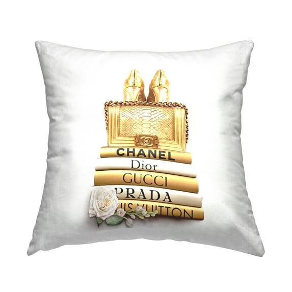 Stupell Industries Radiant Upscale Fashion Purse Designer Bookstack Design by Ros Ruseva Throw Pillow