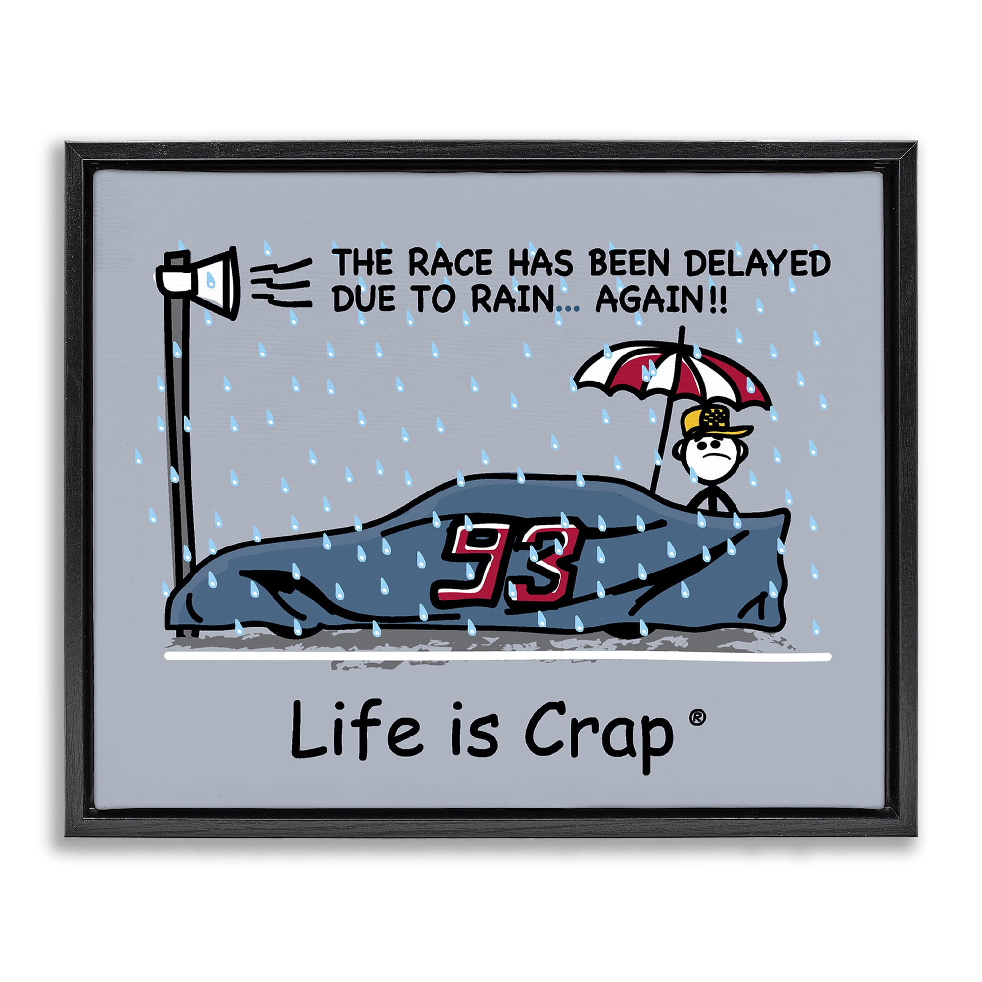 Stupell Industries Rain Delayed Race Novelty & Humor Painting Black Floater Framed Canvas Art Print Wall Art, 21 x 17