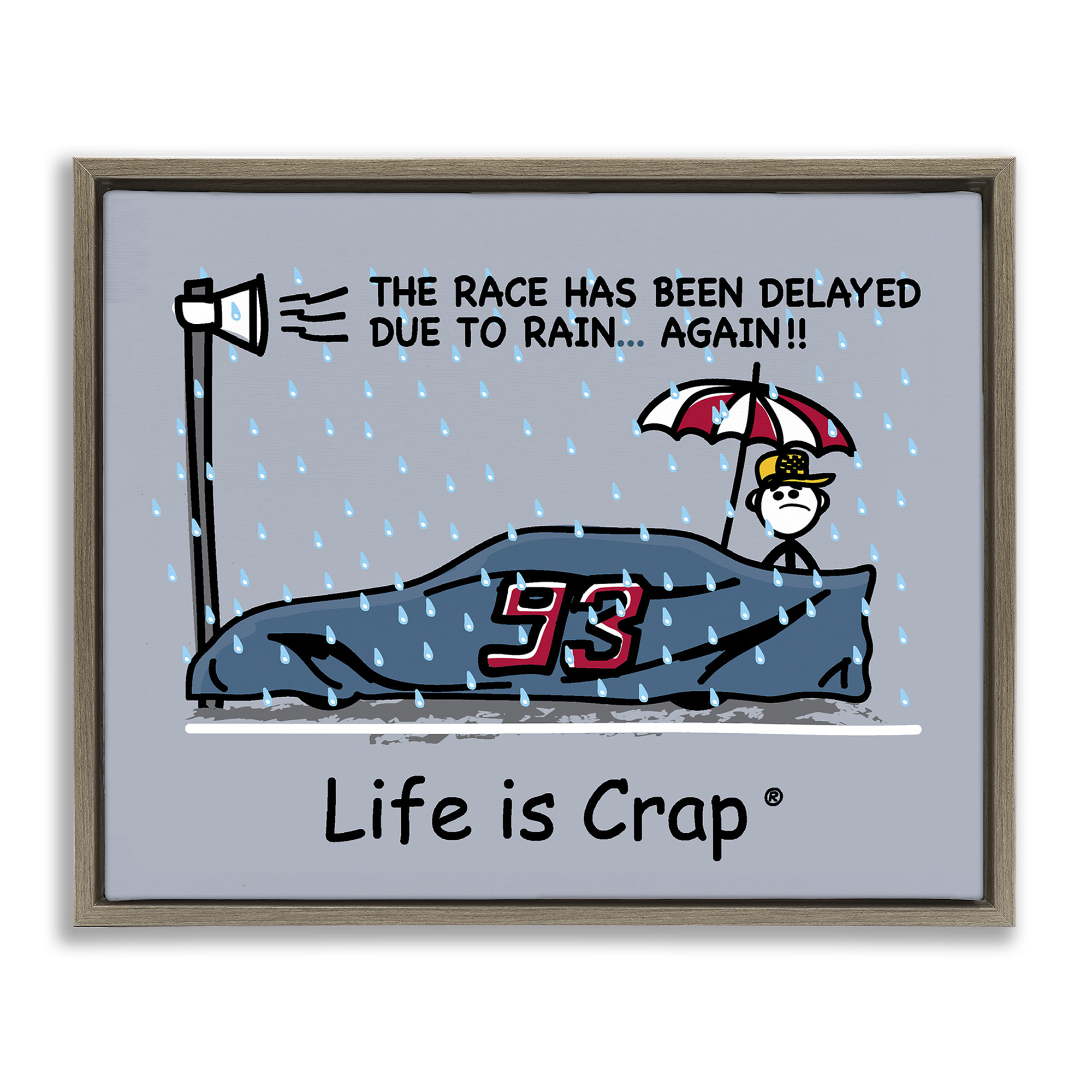 Stupell Industries Rain Delayed Race Novelty & Humor Painting Brown Floater Framed Canvas Art Print Wall Art, 21 x 17