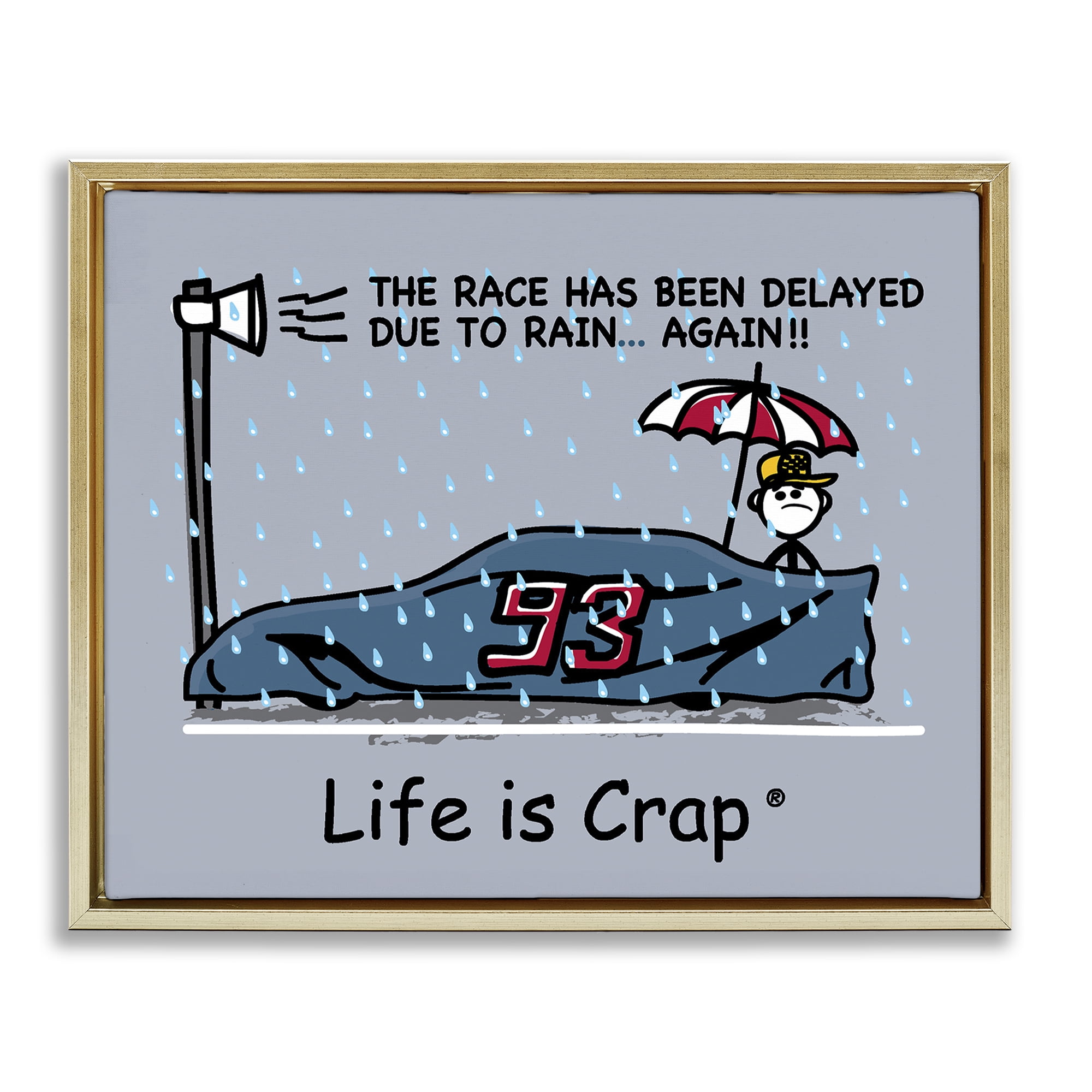Stupell Industries Rain Delayed Race Novelty & Humor Painting Gold Floater Framed Canvas Art Print Wall Art, 31 x 25