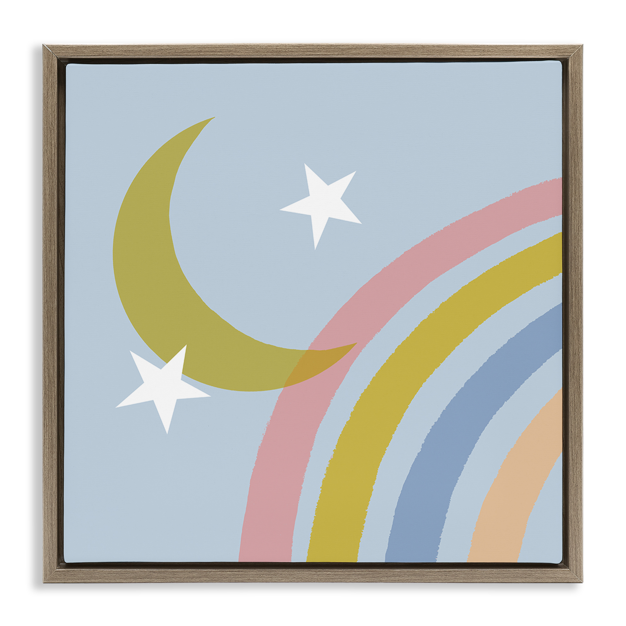 Stupell Industries Rainbow And Moon Shape Landscape & Nature Painting Brown Floater Framed Canvas Art Print Wall Art, 18 x 18