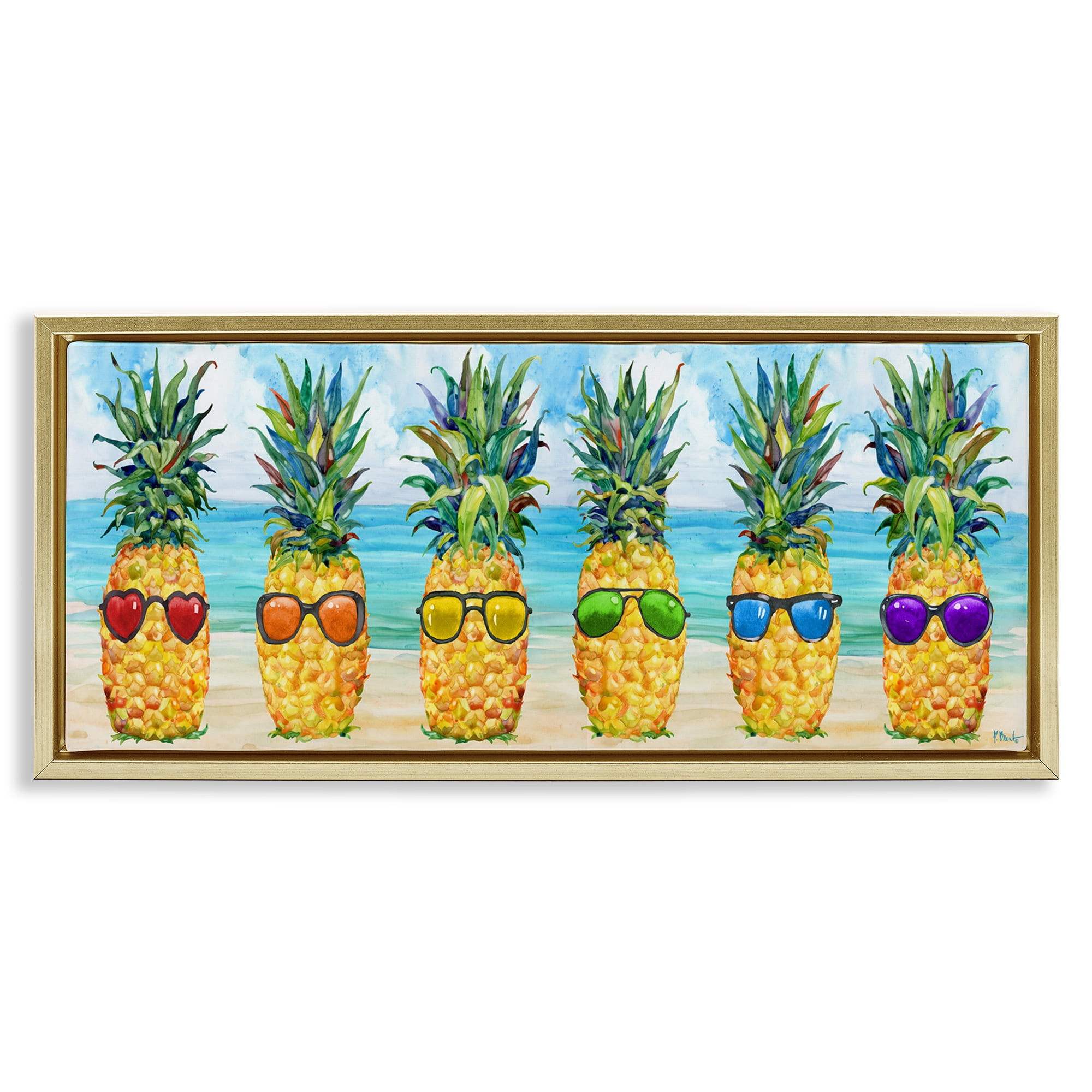 Stupell Industries Rainbow Beach Pineapples Food & Beverage Painting Gold Floater Framed Canvas Art Print Wall Art, 31 x 14