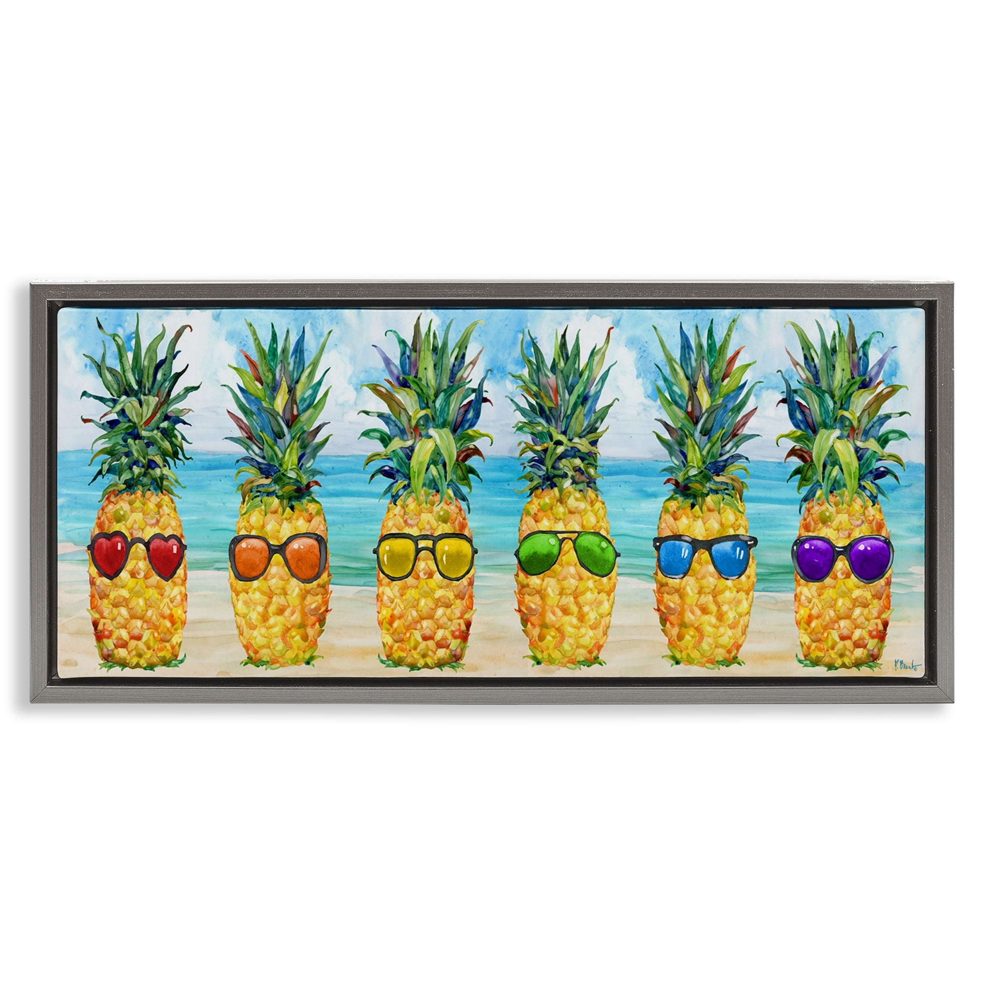 Stupell Industries Rainbow Beach Pineapples Food & Beverage Painting Gray Floater Framed Canvas Art Print Wall Art, 31 x 14