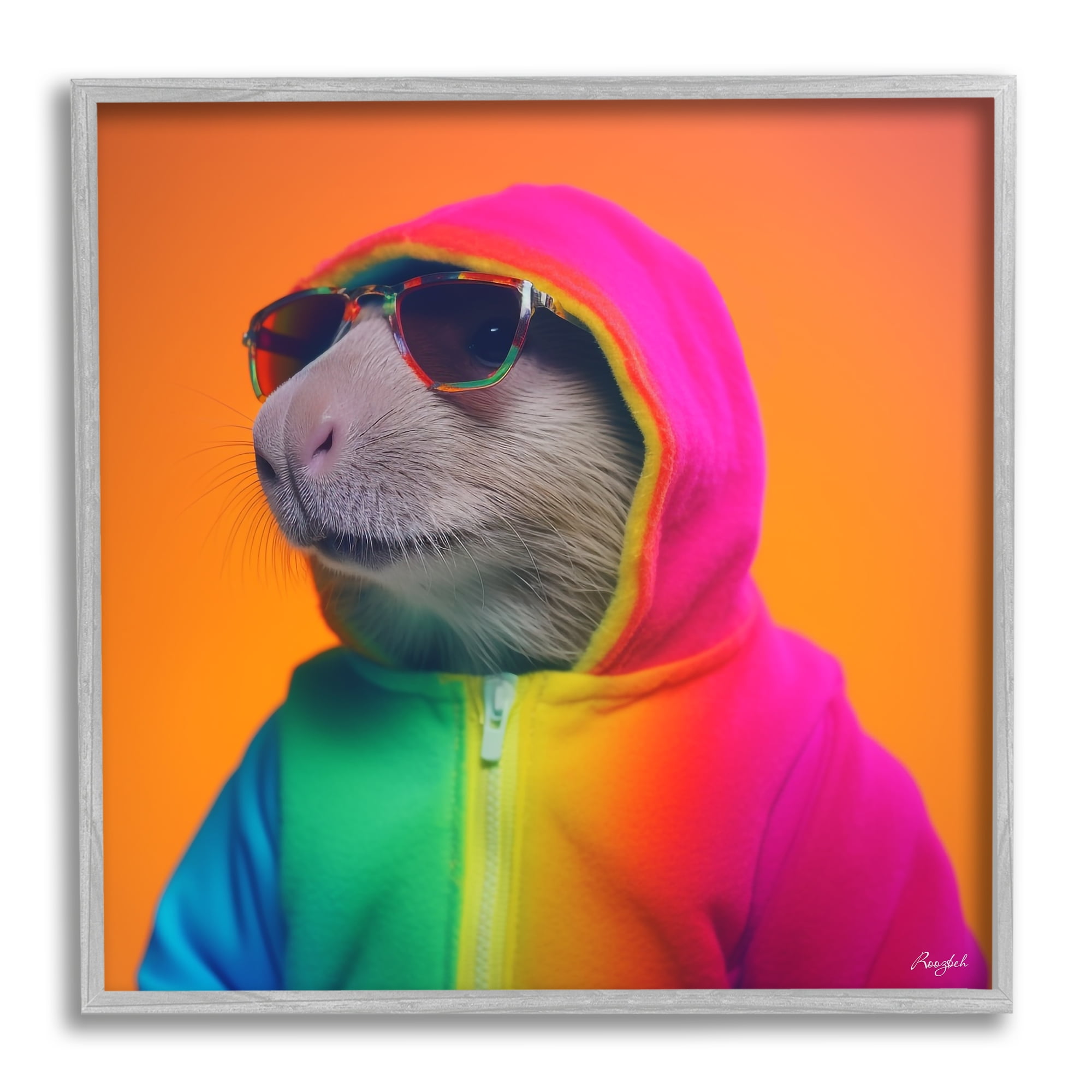 Stupell Industries Rainbow Beaver Portrait Animals & Insects Painting Gray Framed Art Print Wall Art, 12 x 12