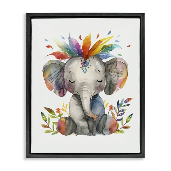 Stupell Industries Rainbow Blooms Elephant Animals Painting Black Floater Framed Canvas Art Print Wall Art, 17 x 21