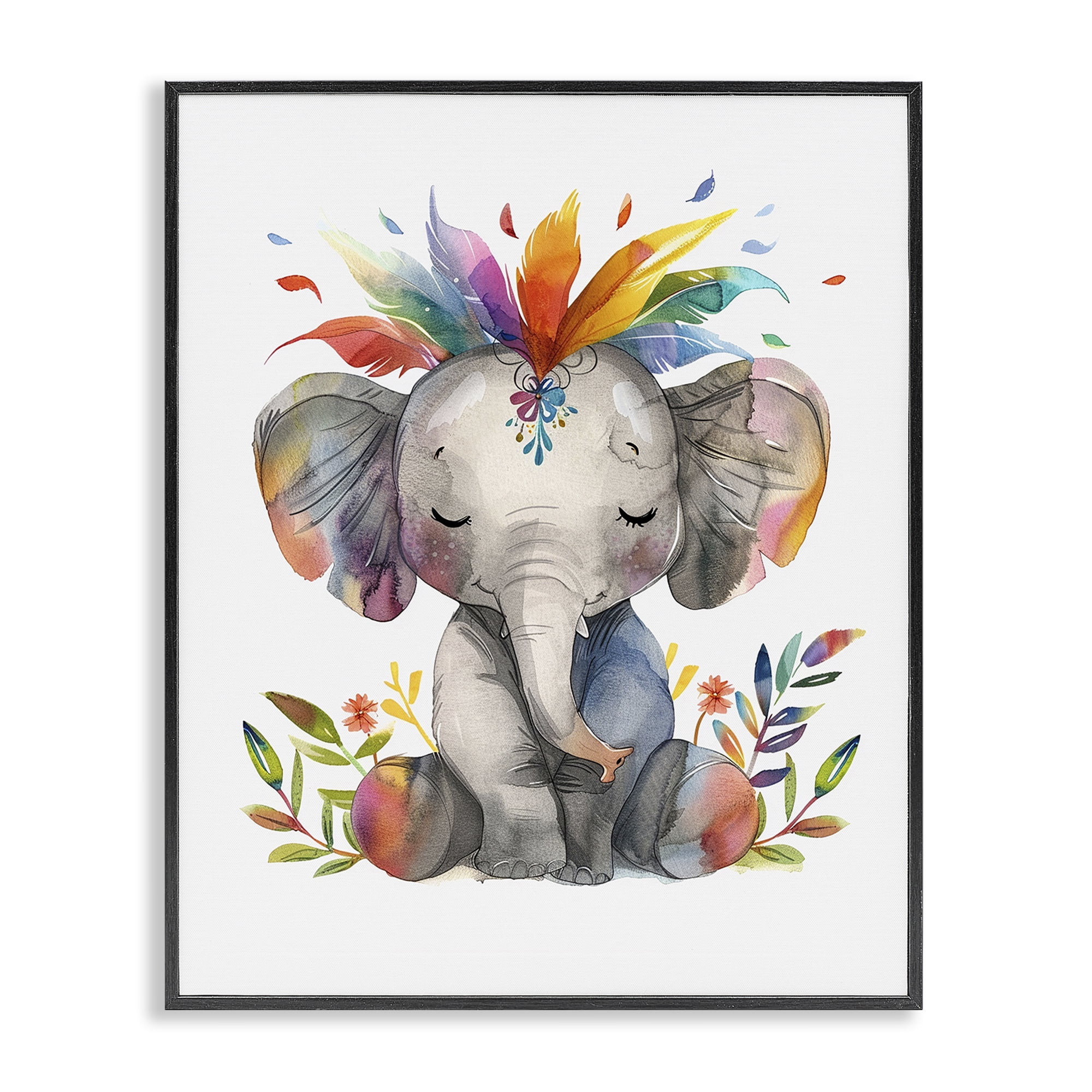 Stupell Industries Rainbow Blooms Elephant Animals Painting Black Framed Art Print Wall Art, 16 x 20
