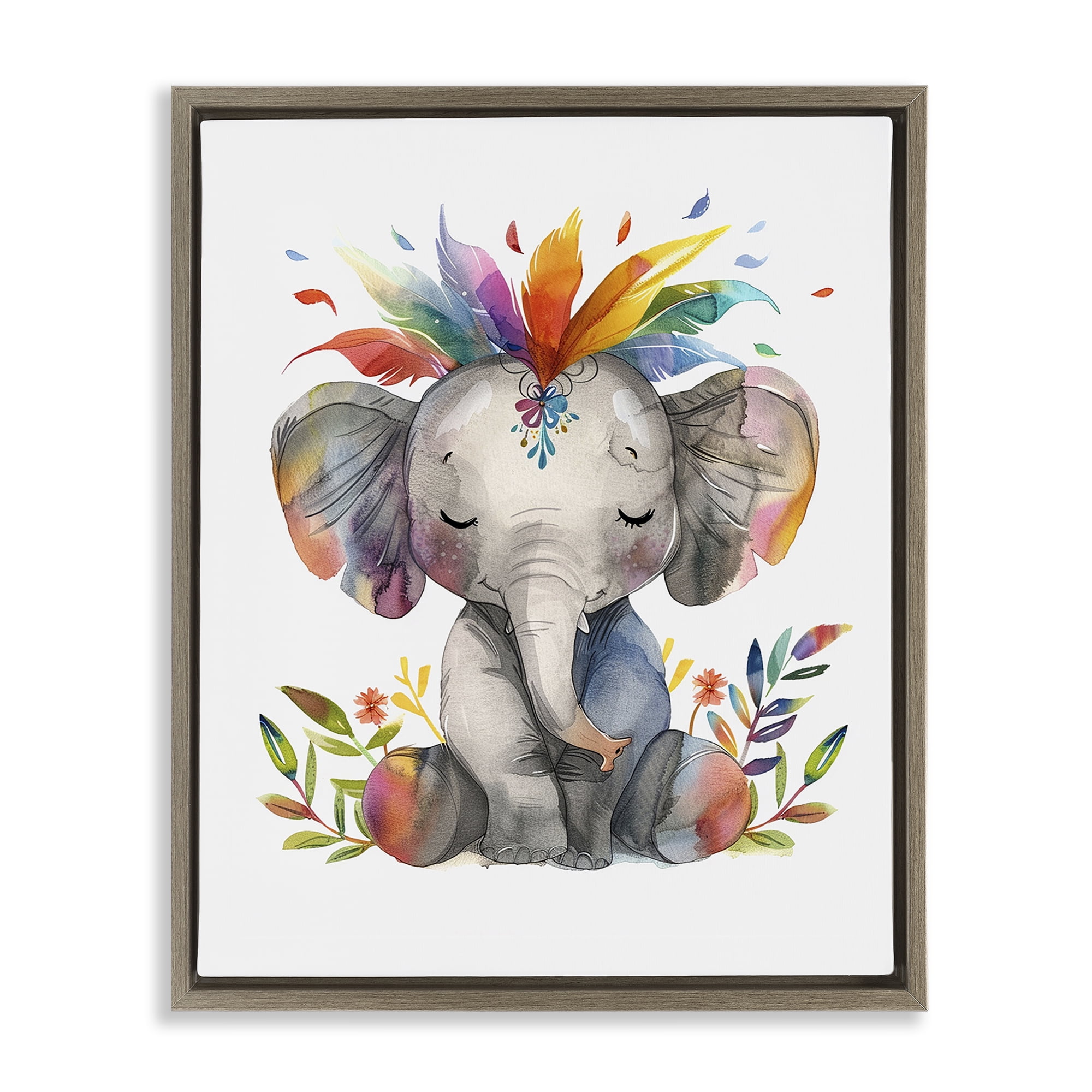 Stupell Industries Rainbow Blooms Elephant Animals Painting Brown Floater Framed Canvas Art Print Wall Art, 17 x 21
