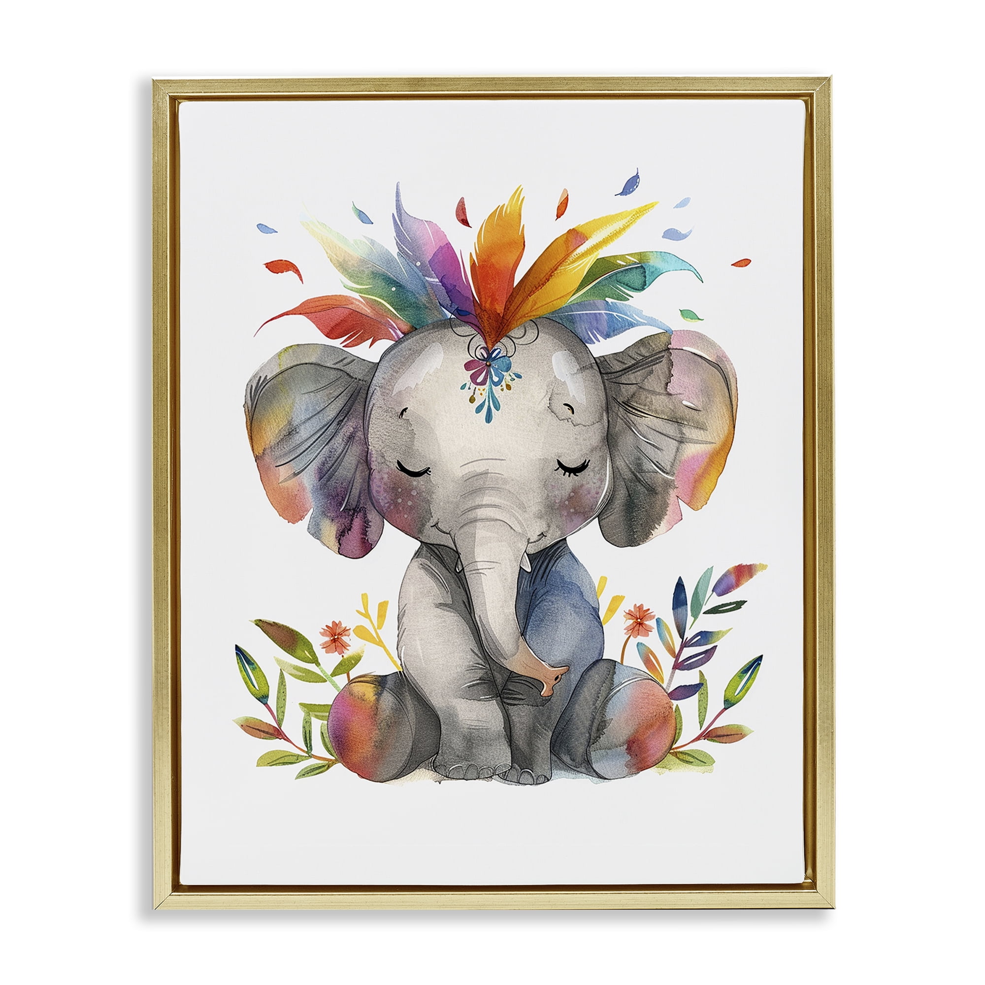 Stupell Industries Rainbow Blooms Elephant Animals Painting Gold Floater Framed Canvas Art Print Wall Art, 17 x 21
