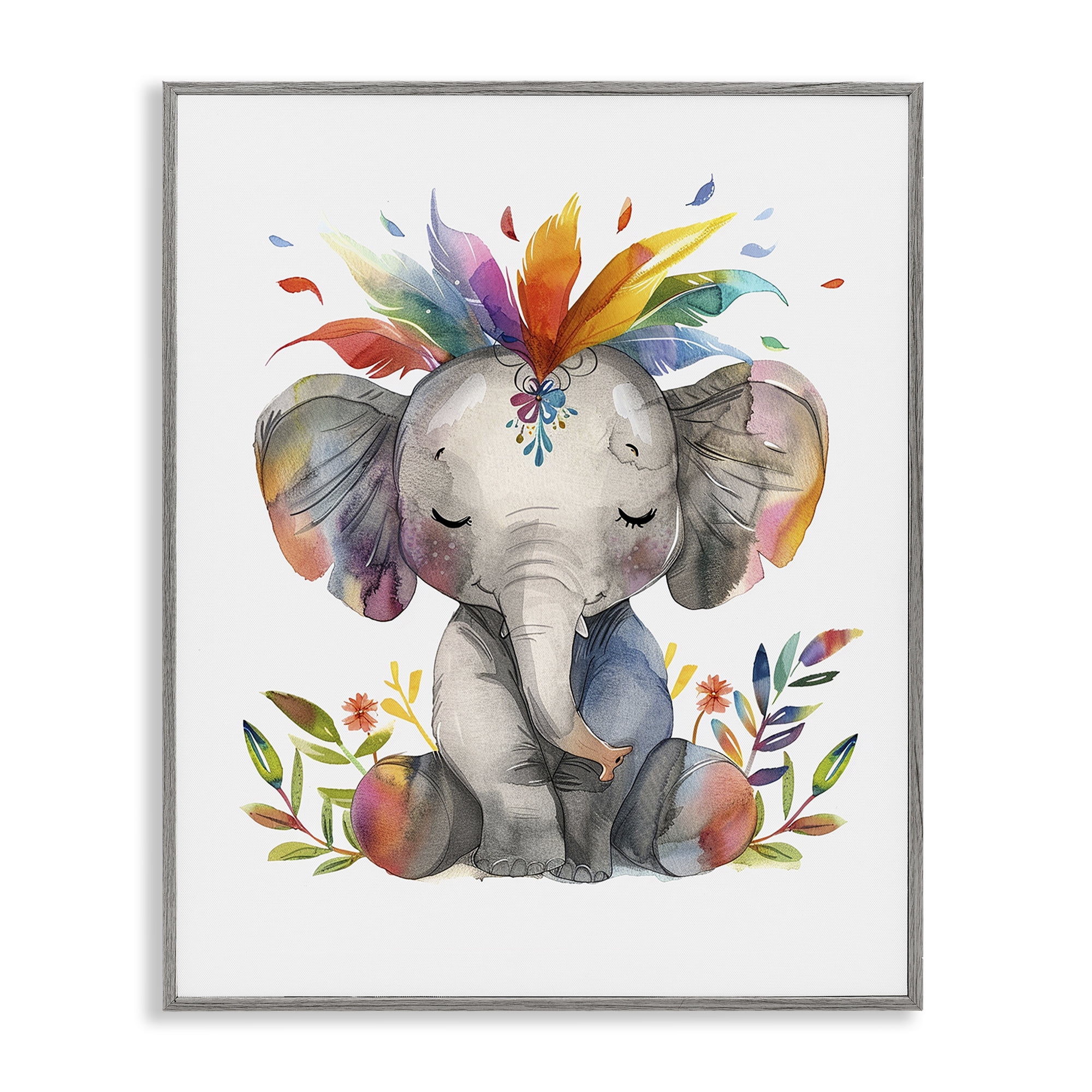 Stupell Industries Rainbow Blooms Elephant Animals Painting Gray Framed Art Print Wall Art, 16 x 20